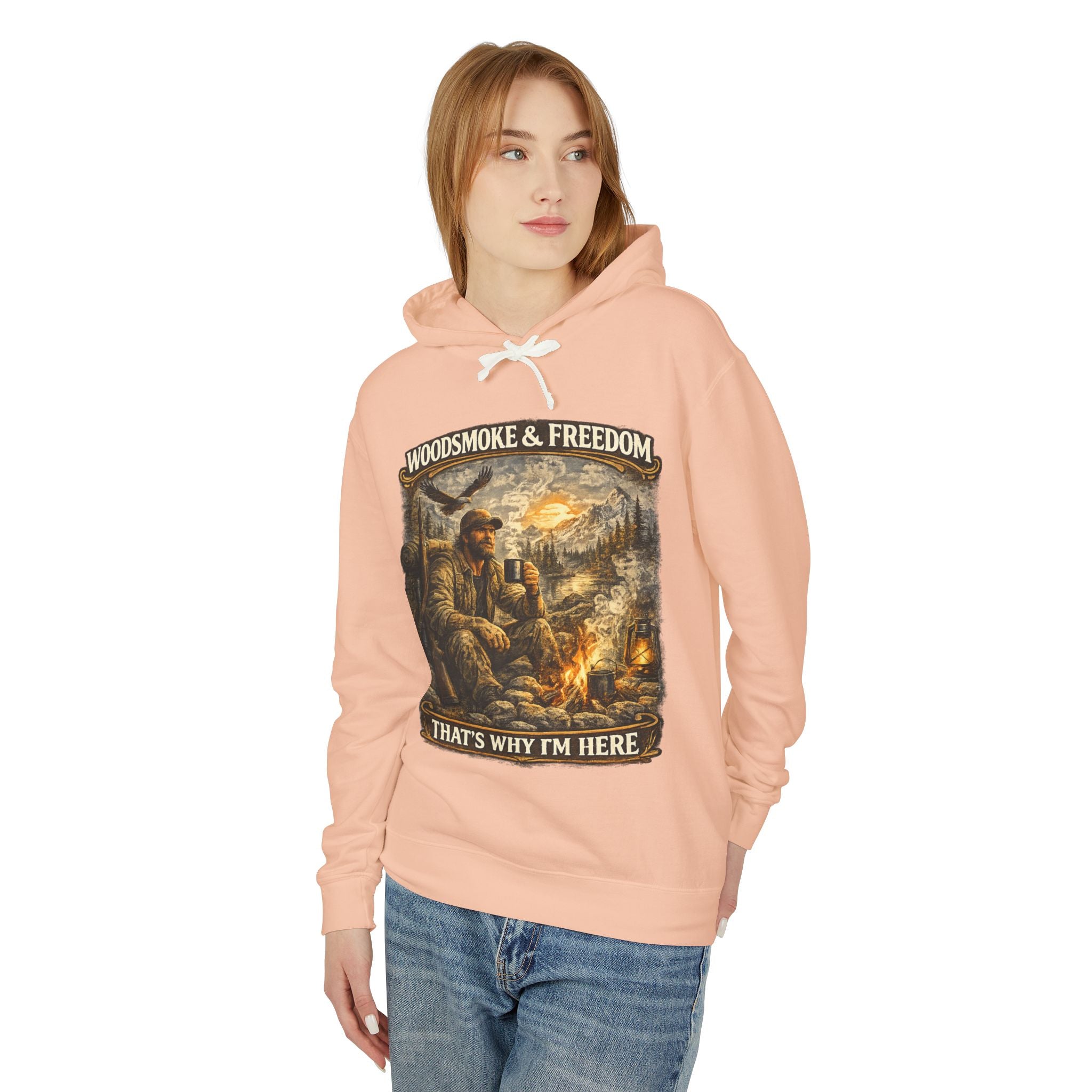Woodsmoke & Freedom Hoodie — Campfire Hunting Graphic Hooded Sweatshirt