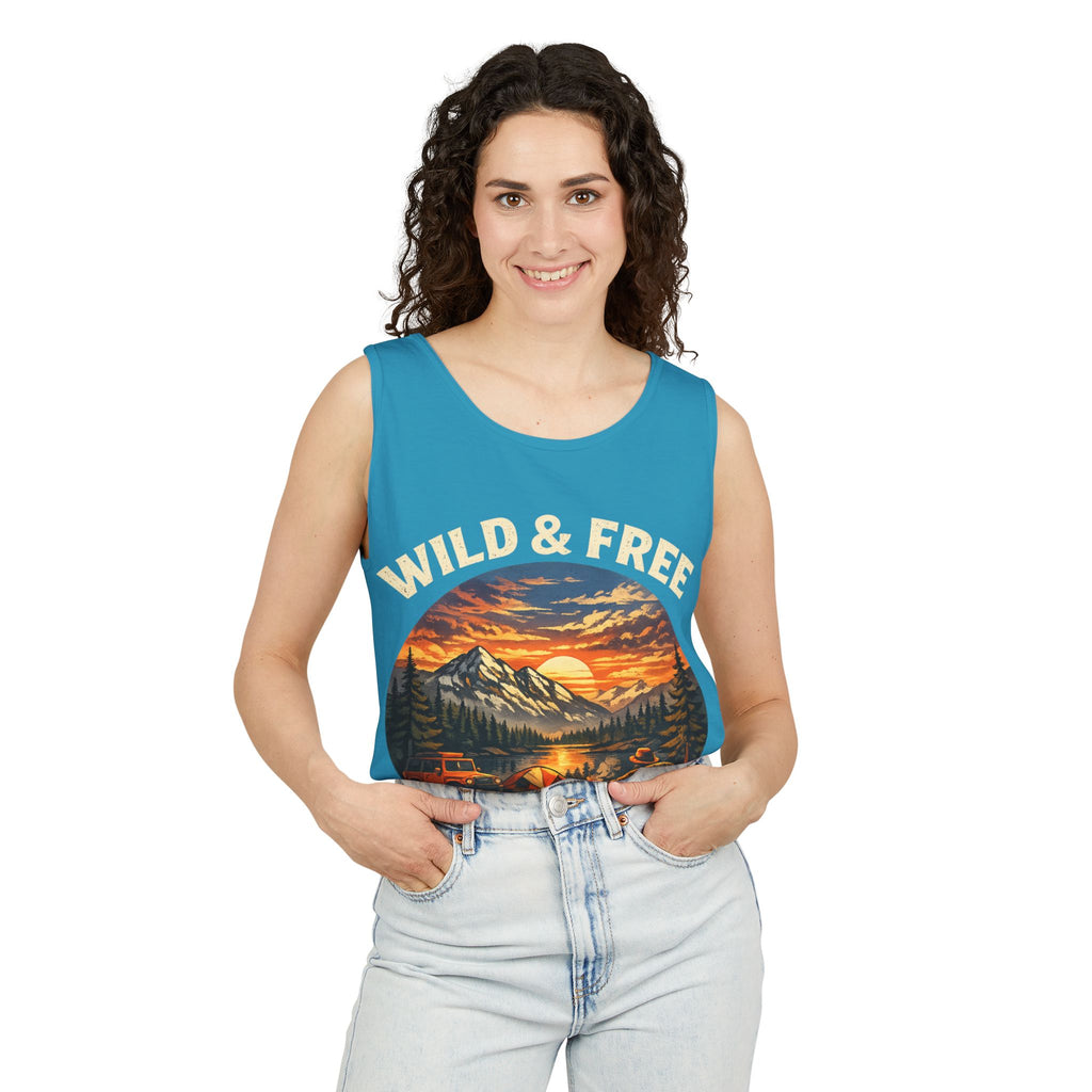 Tank Top — "Wild & Free" Sunset Mountain Camping Graphic