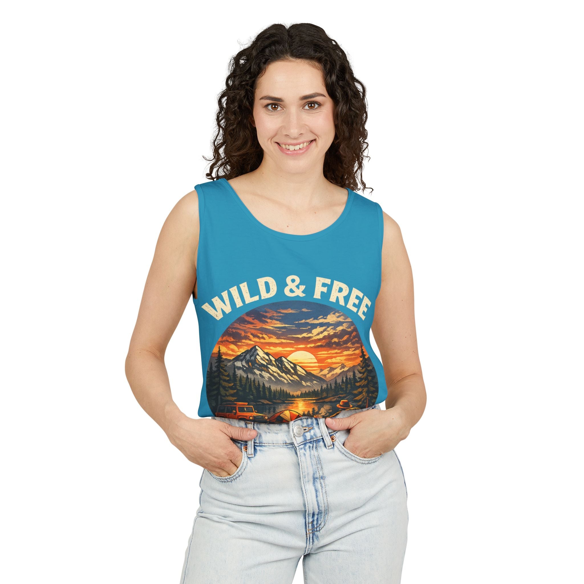 Tank Top — "Wild & Free" Sunset Mountain Camping Graphic