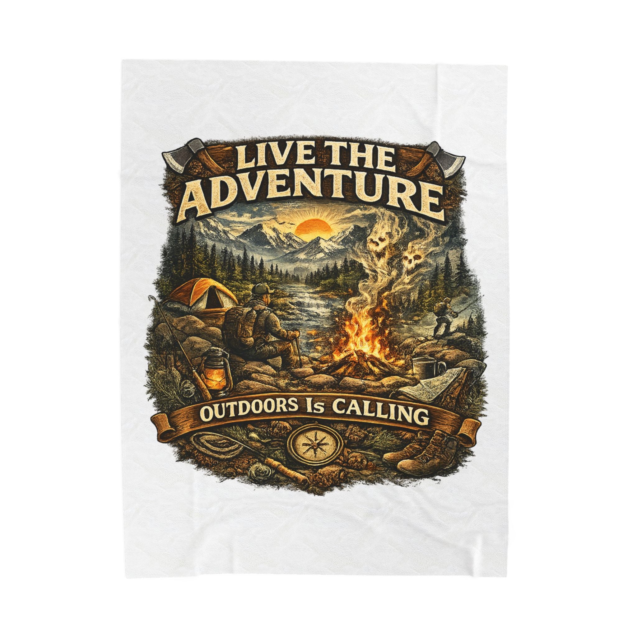 Velveteen Plush Blanket — "Live the Adventure: Outdoors Is Calling" Camping Throw