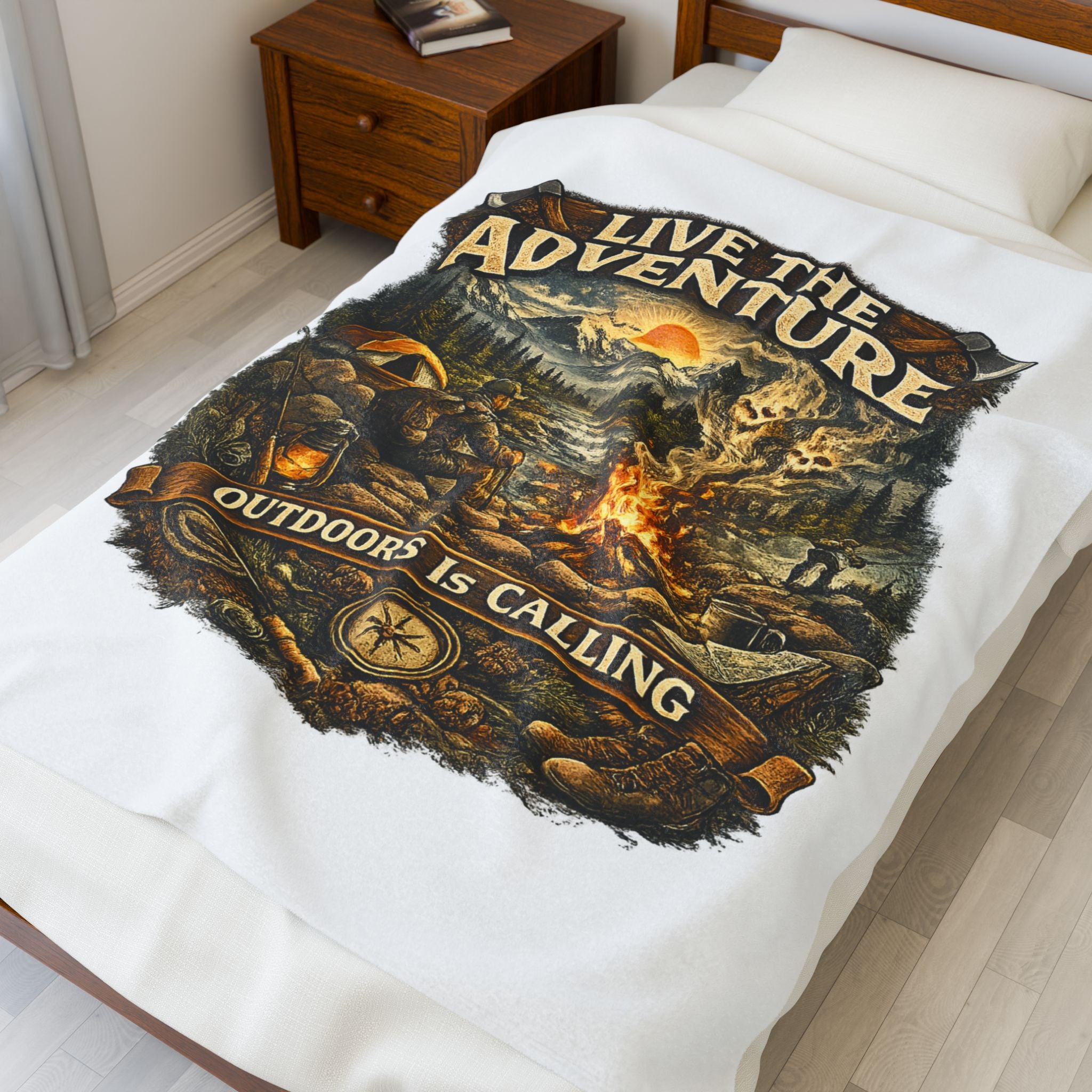Velveteen Plush Blanket — "Live the Adventure: Outdoors Is Calling" Camping Throw