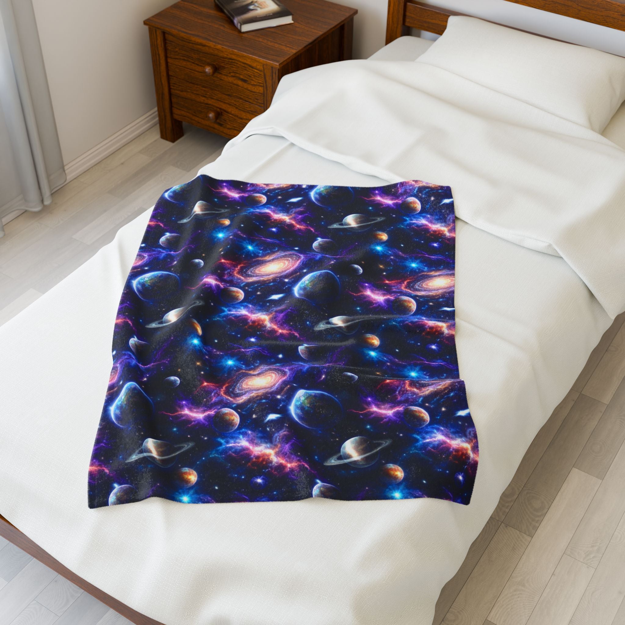 Galaxy Velveteen Plush Blanket - Cosmic Planets & Nebula Throw
