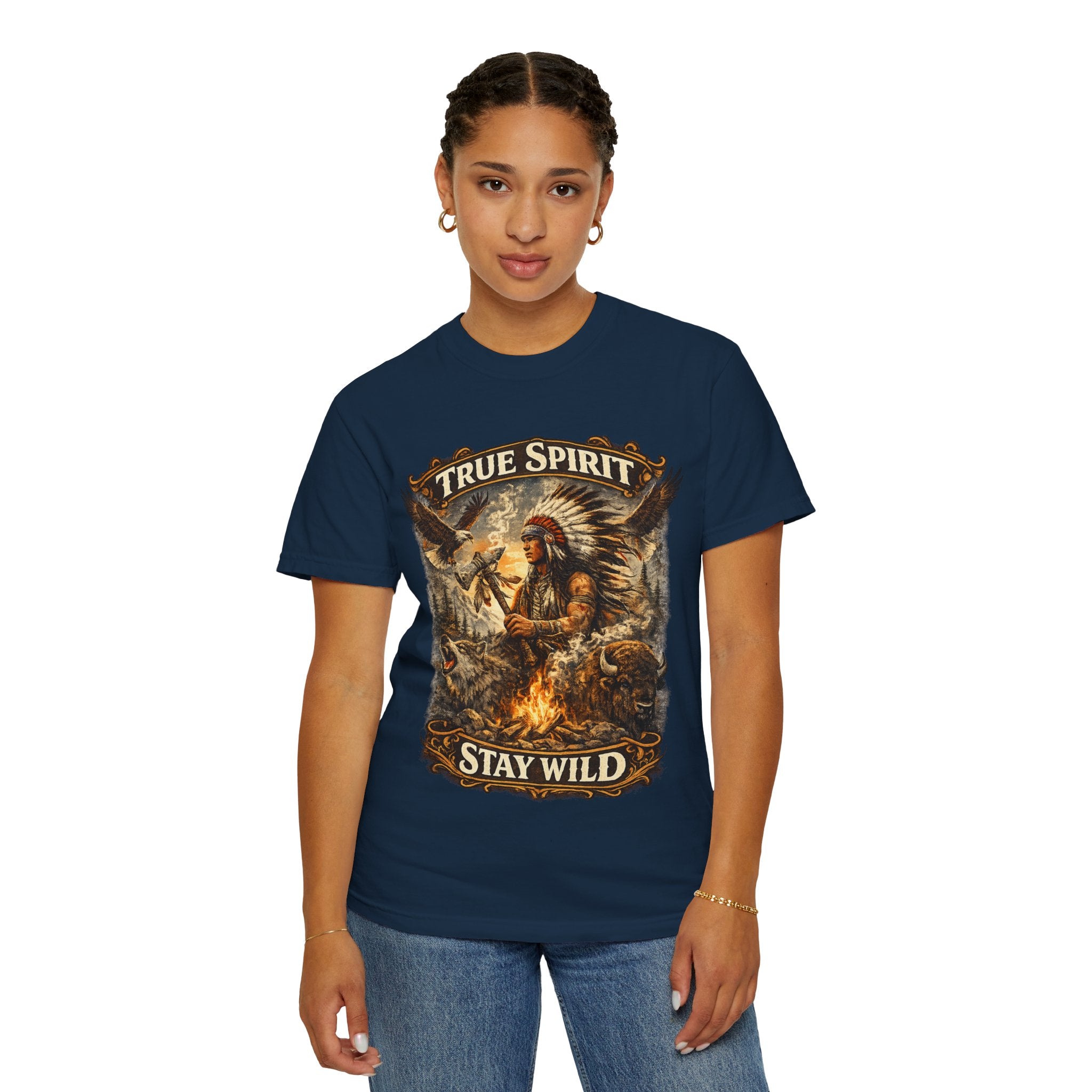 T-Shirt — "True Spirit Stay Wild" Native-Inspired Campfire Graphic