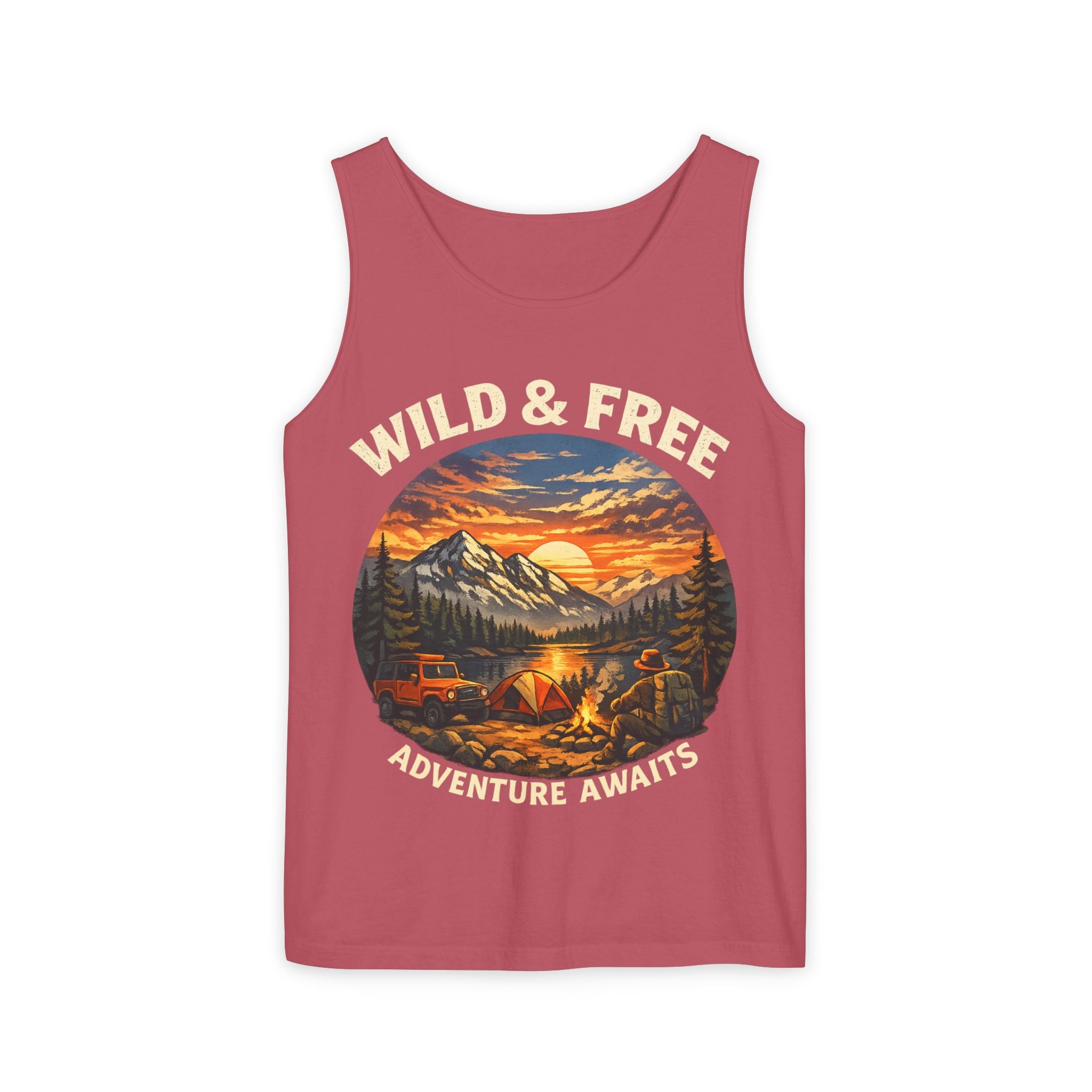 Tank Top — "Wild & Free" Sunset Mountain Camping Graphic