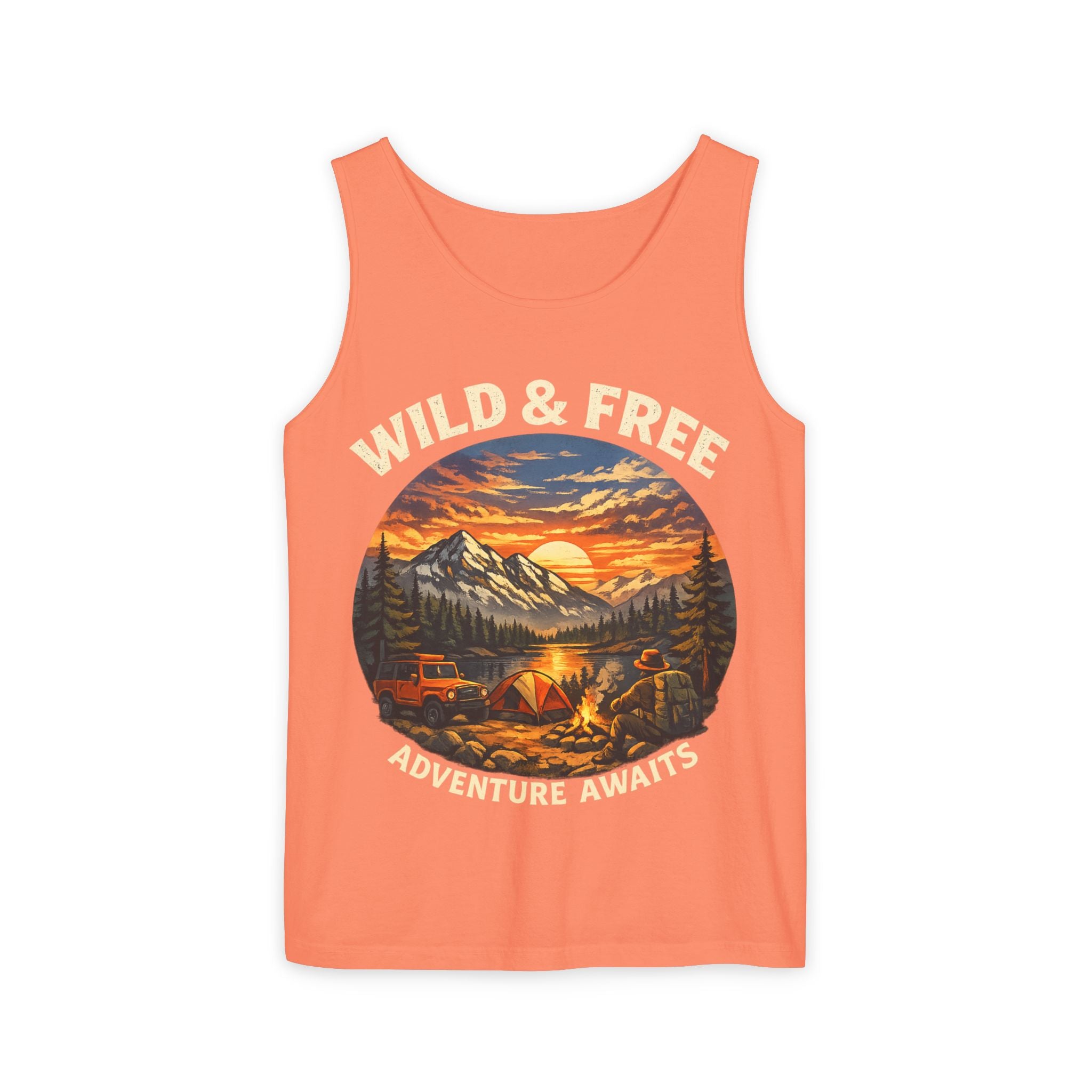 Tank Top — "Wild & Free" Sunset Mountain Camping Graphic