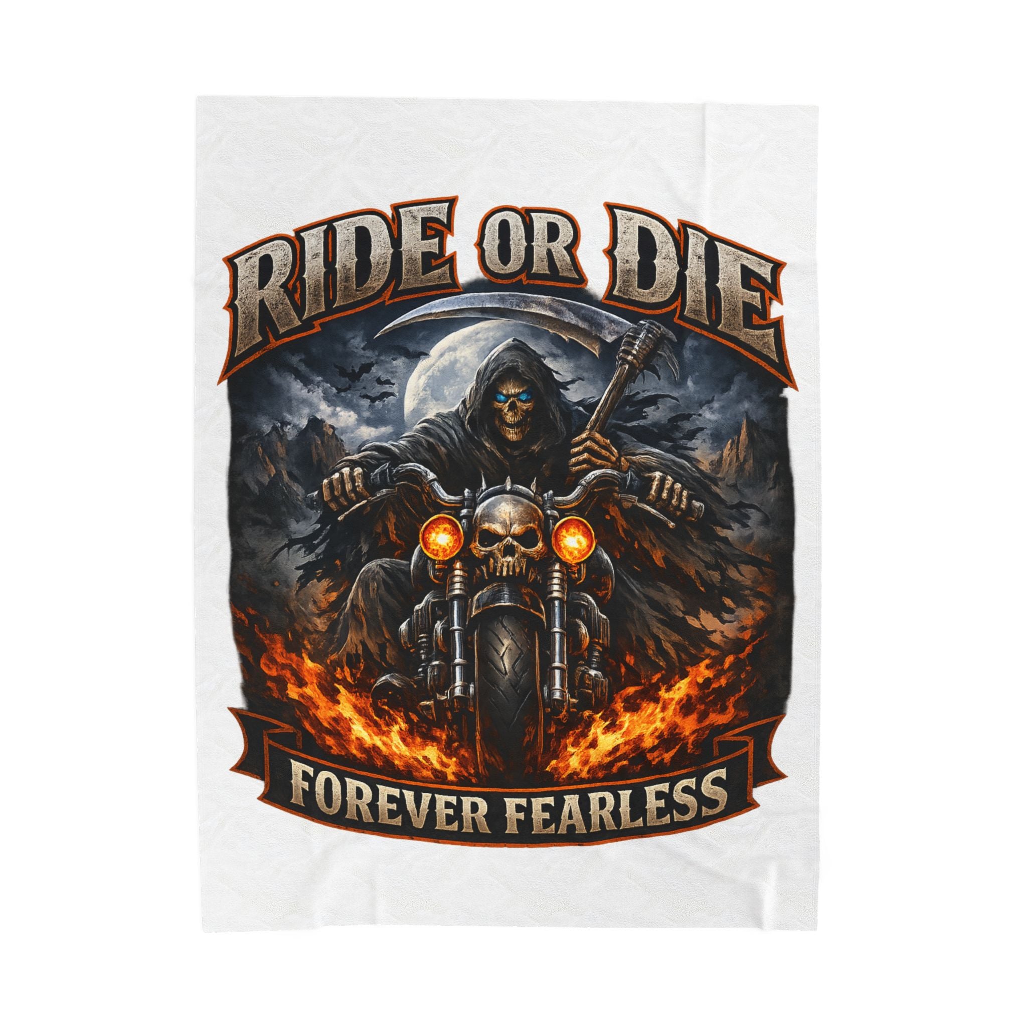 Ride or Die "Forever Fearless" Velveteen Plush Blanket — Biker Grim Reaper Motorcycle Throw