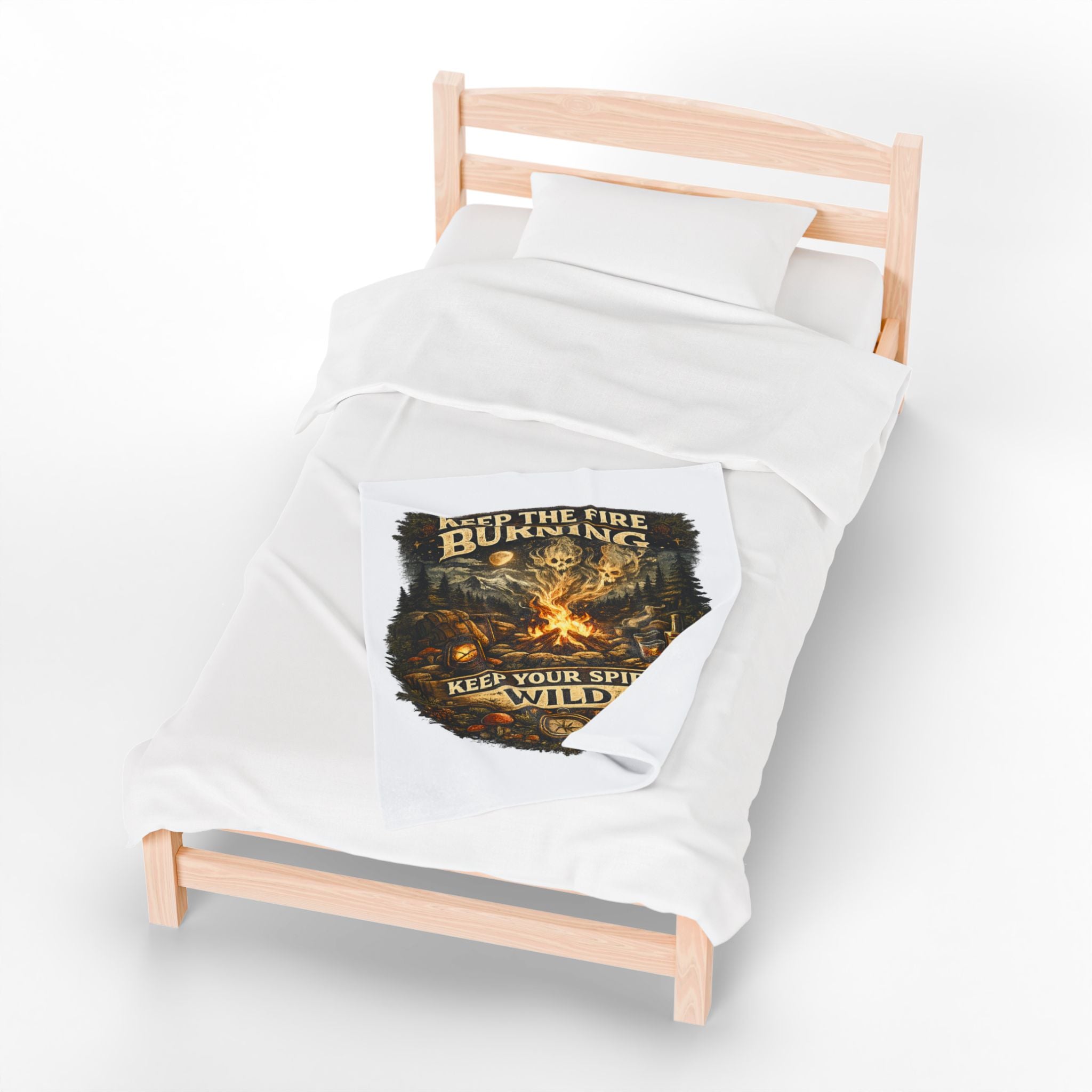 Camping Velveteen Plush Blanket — "Keep the Fire Burning, Keep Your Spirit Wild" Cozy Outdoor Throw