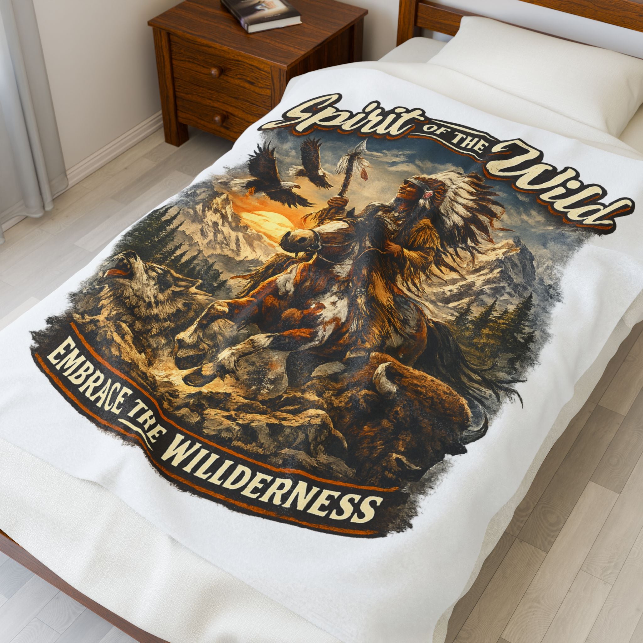 Spirit of the Wild Velveteen Plush Blanket — Embrace the Wilderness Native American Design