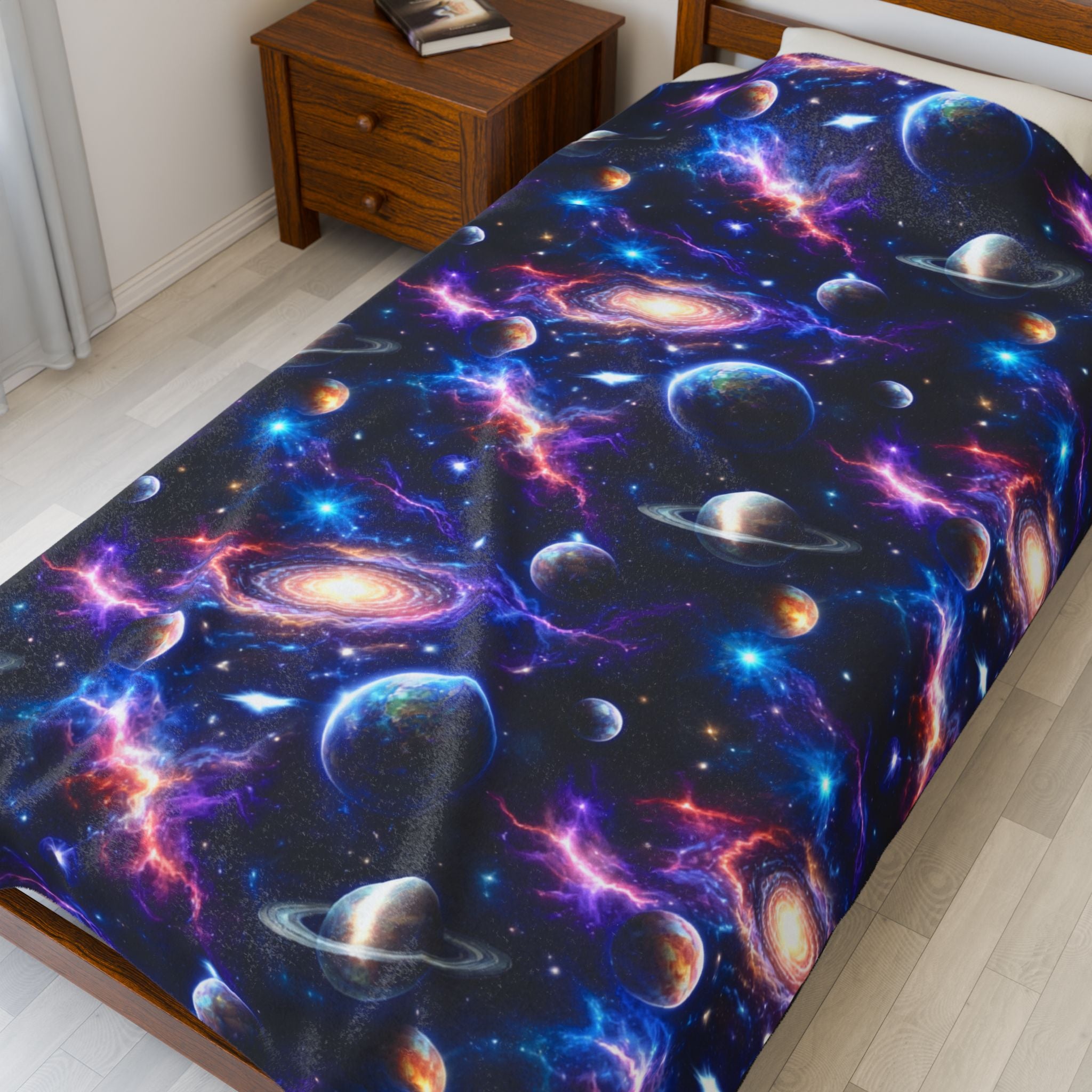 Galaxy Velveteen Plush Blanket - Cosmic Planets & Nebula Throw