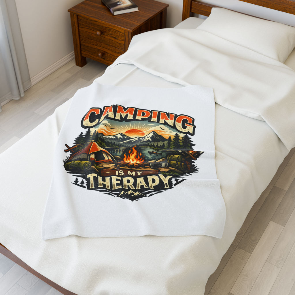 Velveteen Plush Blanket — "Camping Is My Therapy" Cozy Outdoor Camping Throw