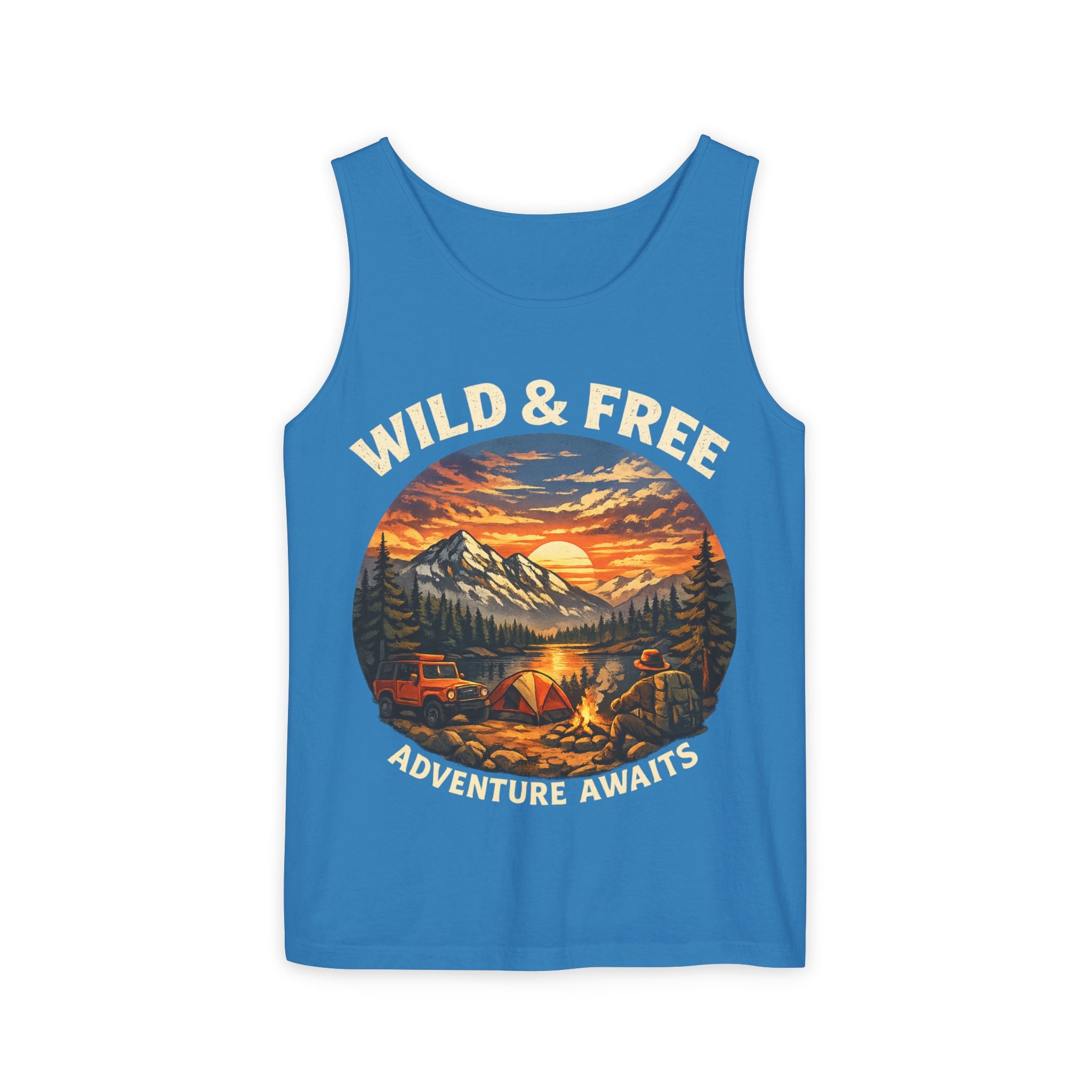 Tank Top — "Wild & Free" Sunset Mountain Camping Graphic