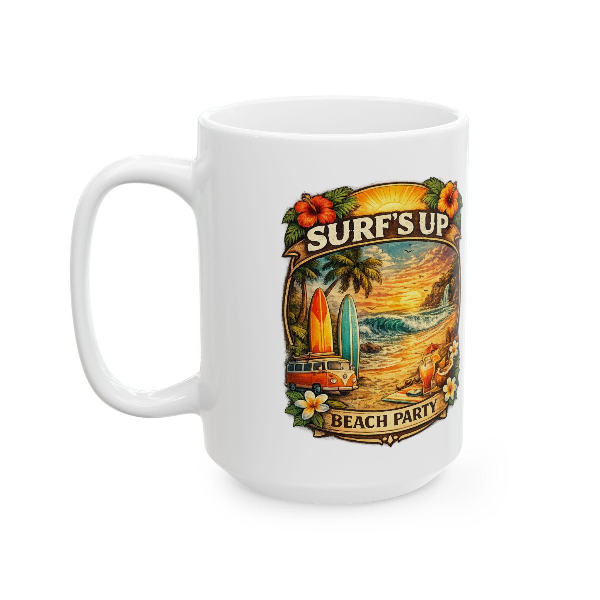 Surf Vintage Beach Ceramic Mug (11oz, 15oz) - Retro Surfboard & Sunset Coffee Cup