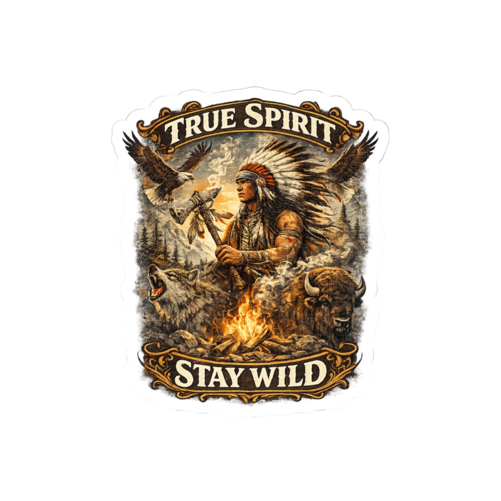 True Spirit "Stay Wild" Kiss-Cut Sticker — Native Warrior Campfire Design