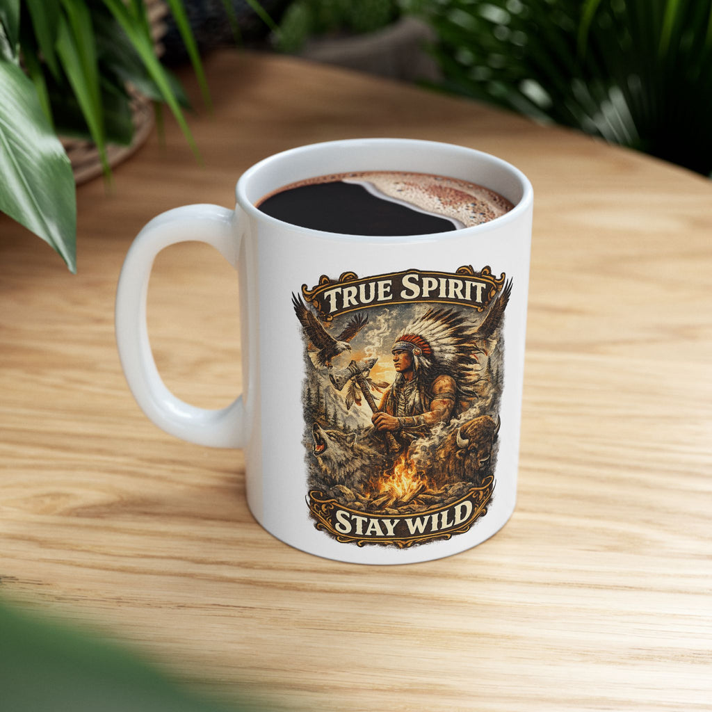 Ceramic Mug — 'True Spirit Stays Wild' Eagle & Wolf Rustic Nature Coffee Mug (11oz/15oz)