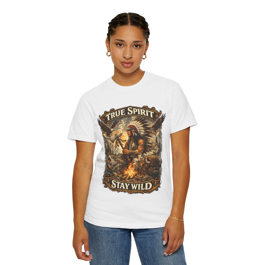 T-Shirt — "True Spirit Stay Wild" Native-Inspired Campfire Graphic