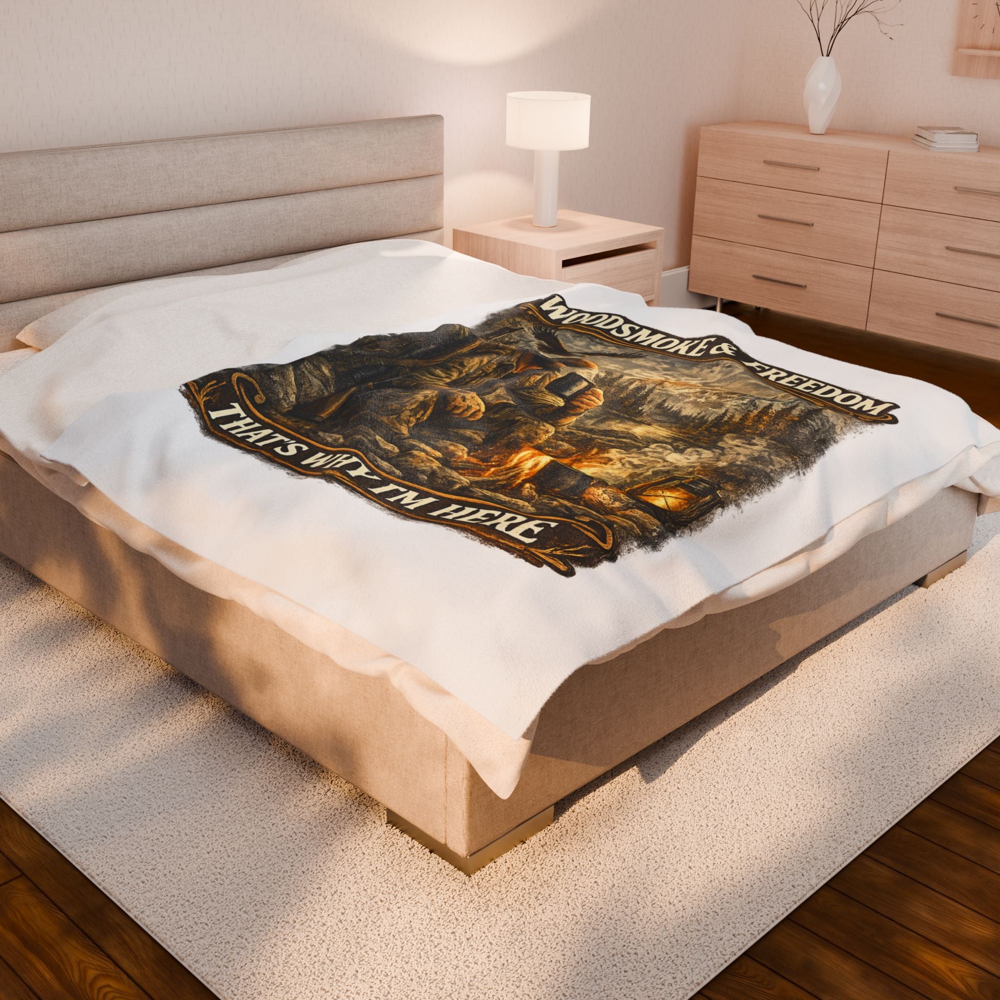 Velveteen Blanket — "Woodsmoke & Freedom, That's Why I'm Here" Campfire Outdoor Throw
