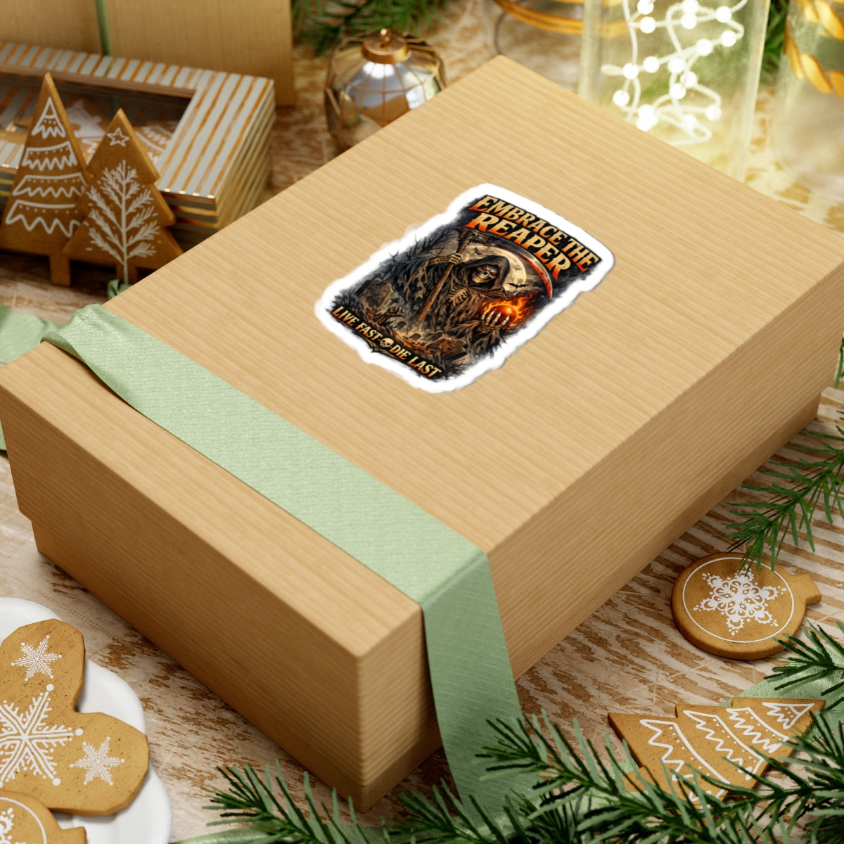 Embrace the Reaper Kiss-Cut Sticker — Grim Reaper "Live Fast Die Last"