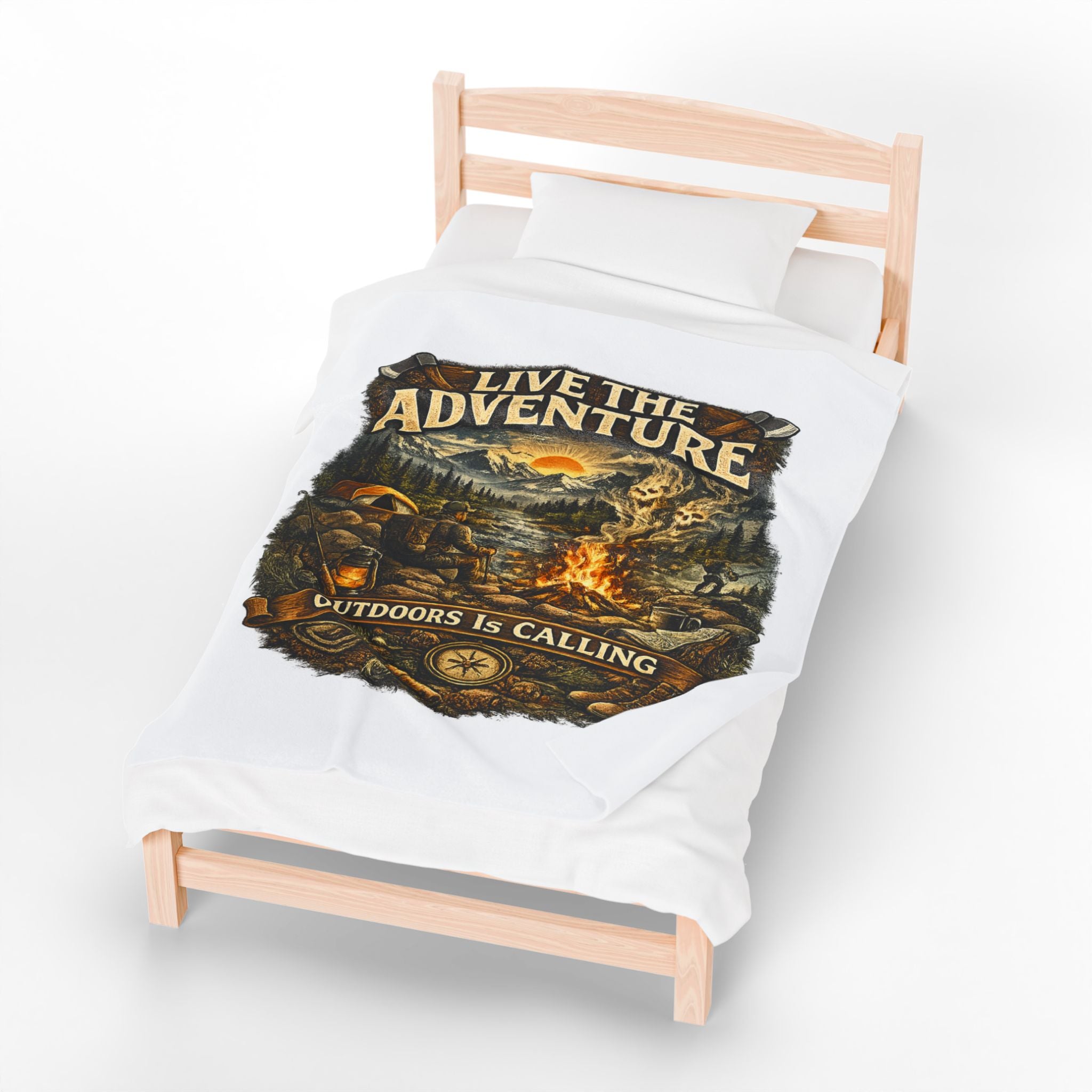 Velveteen Plush Blanket — "Live the Adventure: Outdoors Is Calling" Camping Throw