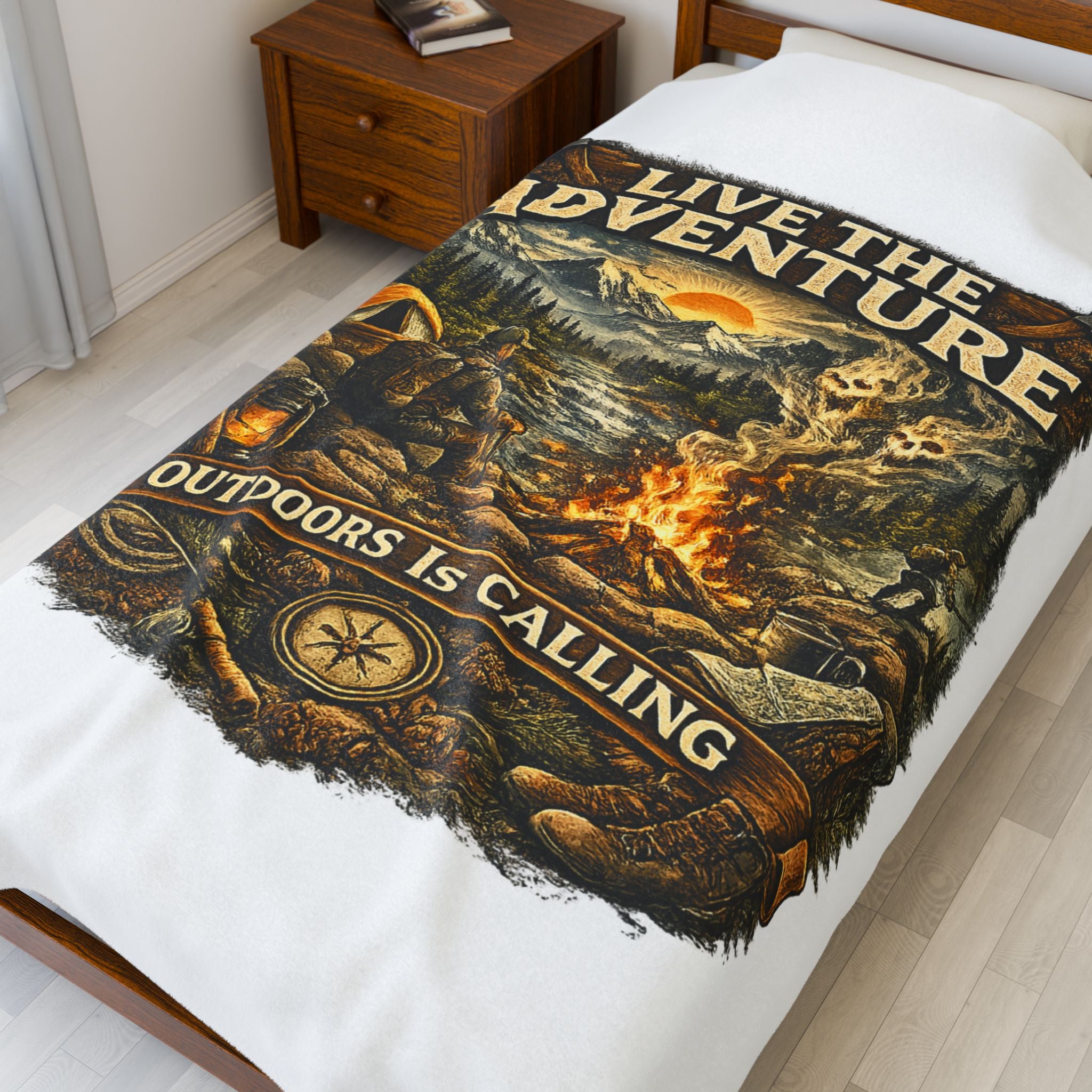 Velveteen Plush Blanket — "Live the Adventure: Outdoors Is Calling" Camping Throw