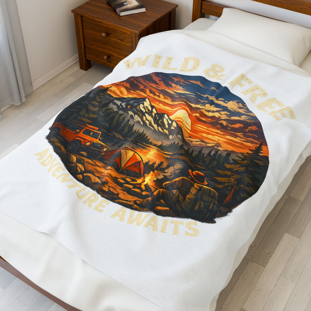 Wild & Free Camping Blanket — Adventure Mountains Velveteen Plush Throw