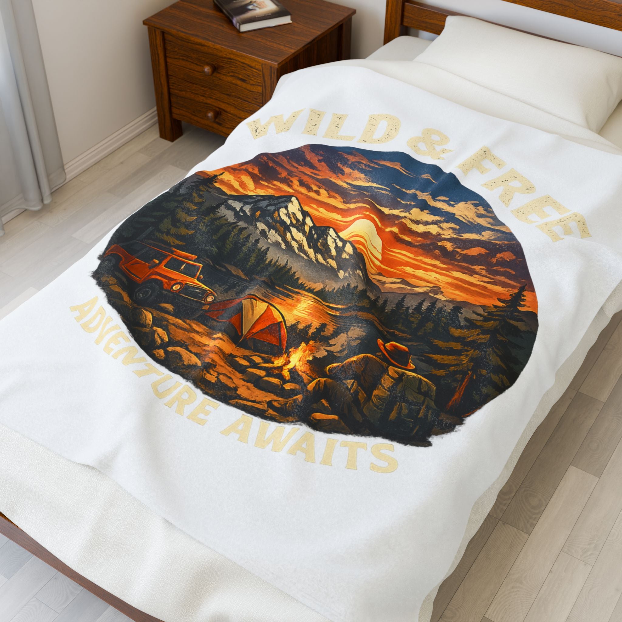 Wild & Free Camping Blanket — Adventure Mountains Velveteen Plush Throw