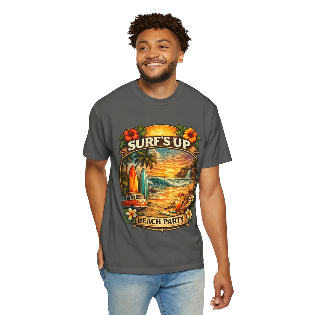 Surf's Up Beach Party T-Shirt — Vintage Sunset Surfboard Graphic