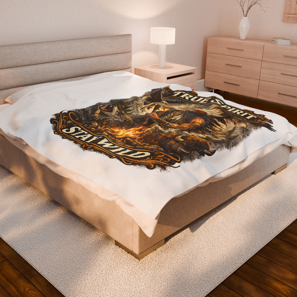 Velveteen Blanket — "True Spirit Stay Wild" Native Warrior Campfire Design
