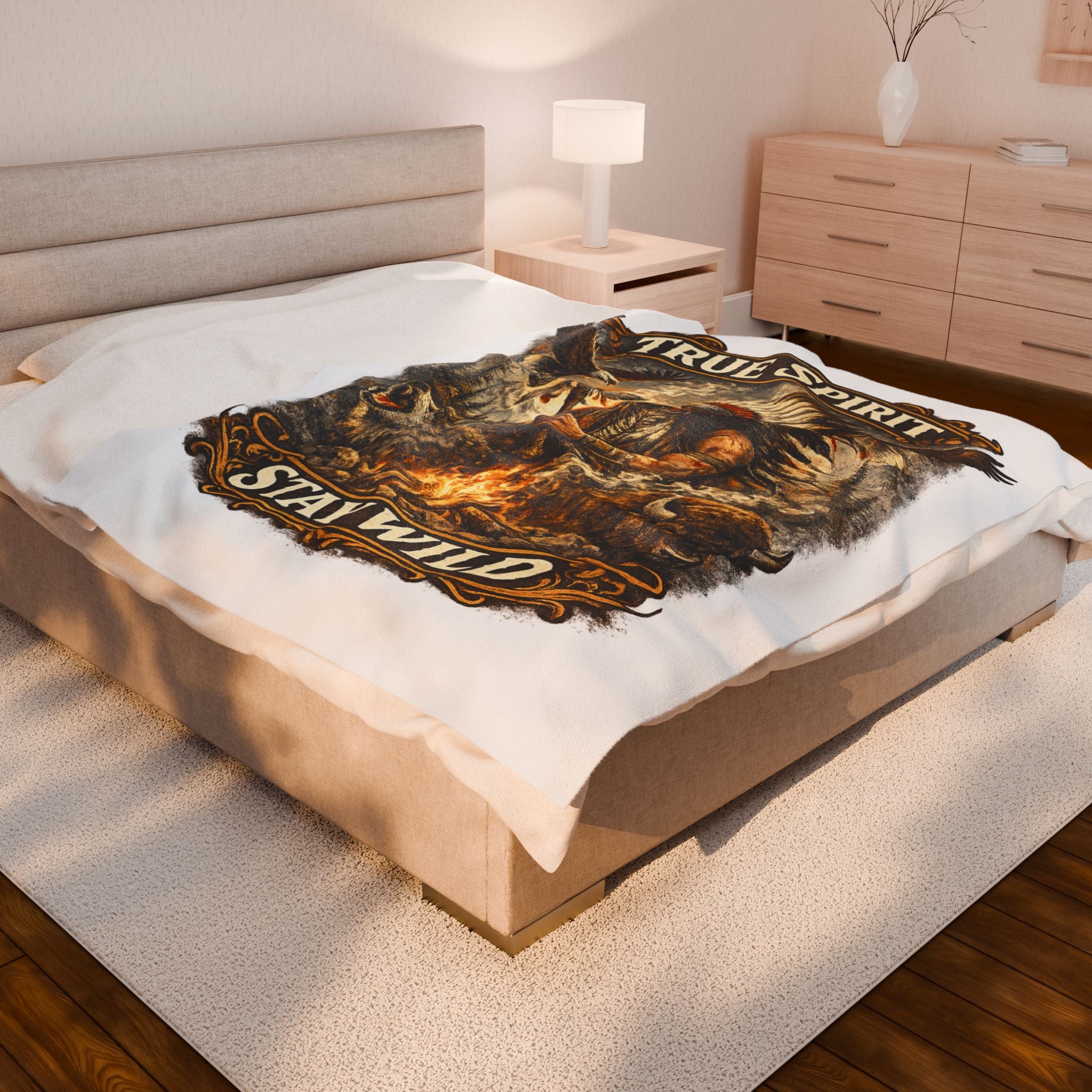 Velveteen Blanket — "True Spirit Stay Wild" Native Warrior Campfire Design
