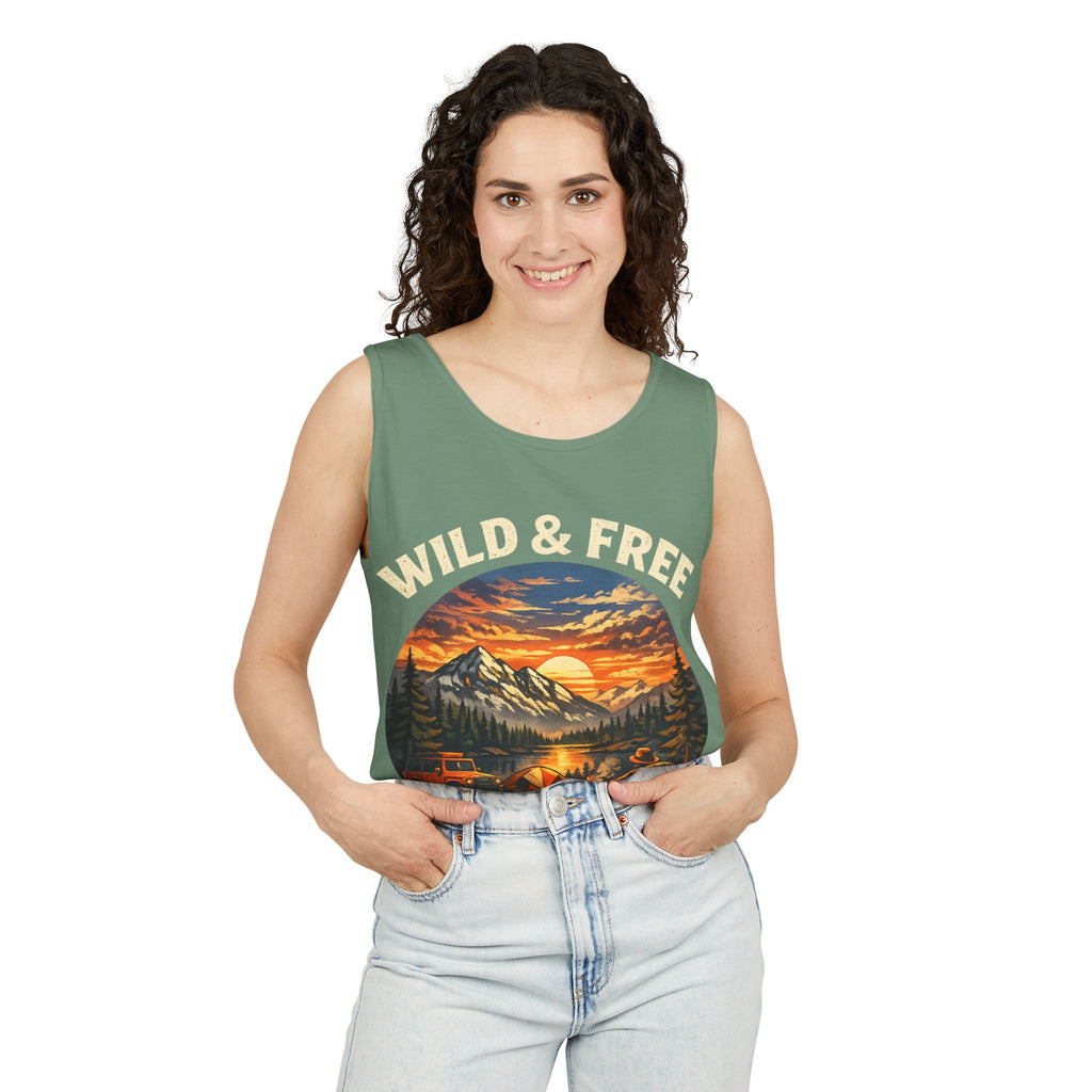 Tank Top — "Wild & Free" Sunset Mountain Camping Graphic