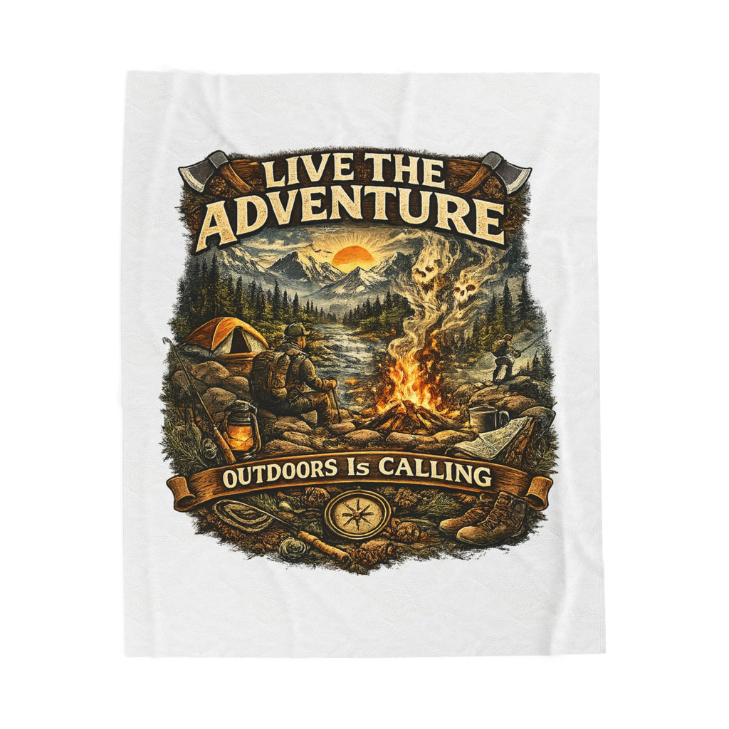 Velveteen Plush Blanket — "Live the Adventure: Outdoors Is Calling" Camping Throw