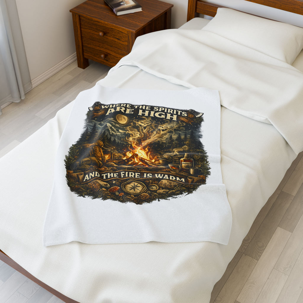 Velveteen Plush Blanket — "Where the Spirits Are High and the Fire Is Warm" Campfire Graphic Throw