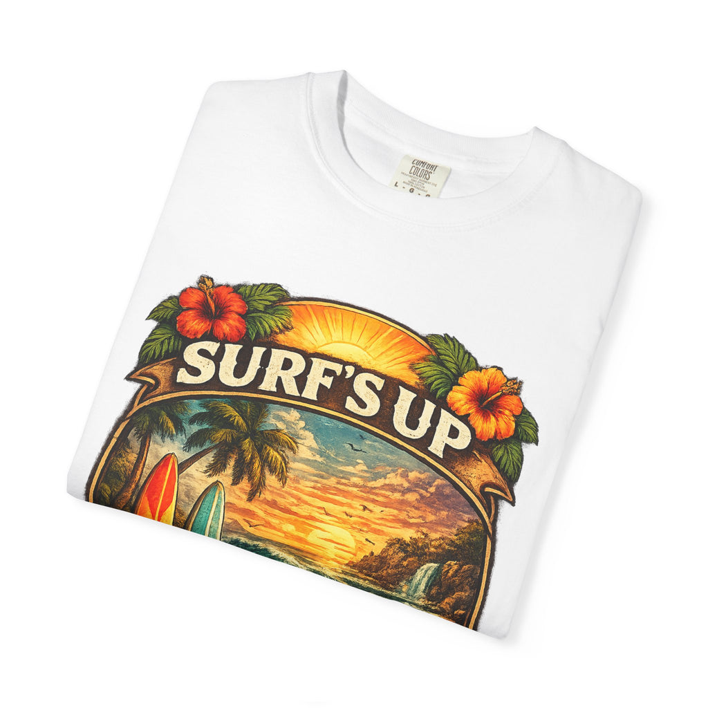Surf's Up Beach Party T-Shirt — Vintage Sunset Surfboard Graphic