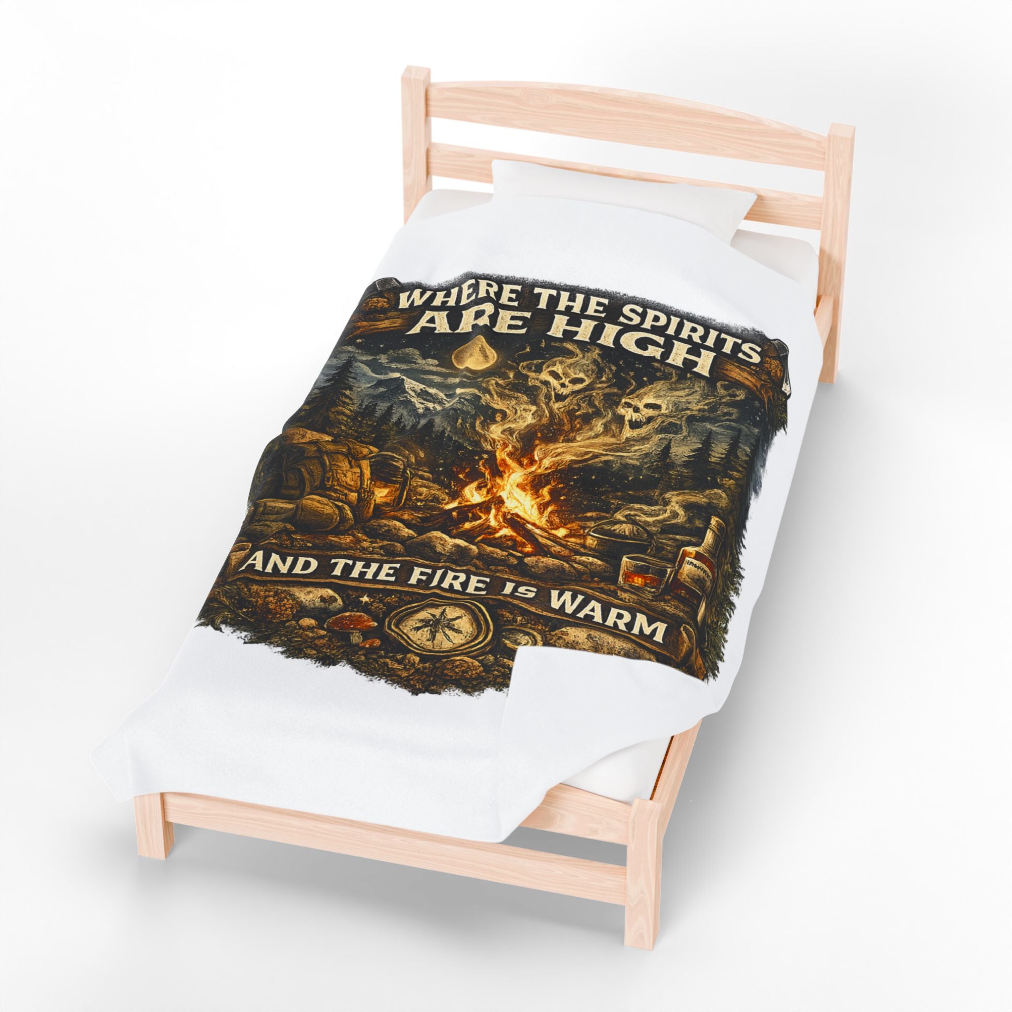 Velveteen Plush Blanket — "Where the Spirits Are High and the Fire Is Warm" Campfire Graphic Throw