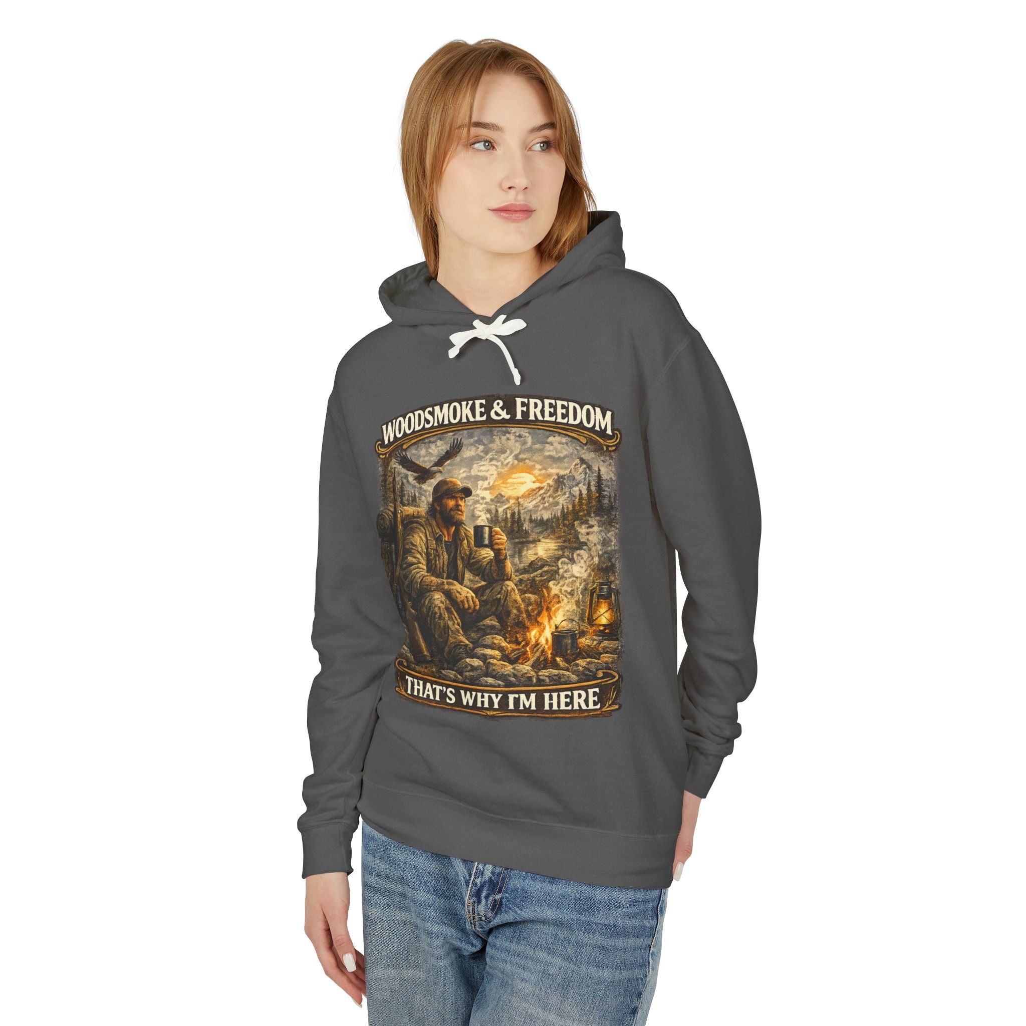 Woodsmoke & Freedom Hoodie — Campfire Hunting Graphic Hooded Sweatshirt