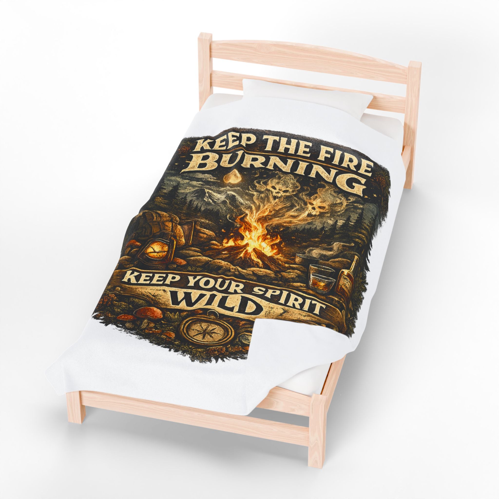 Camping Velveteen Plush Blanket — "Keep the Fire Burning, Keep Your Spirit Wild" Cozy Outdoor Throw