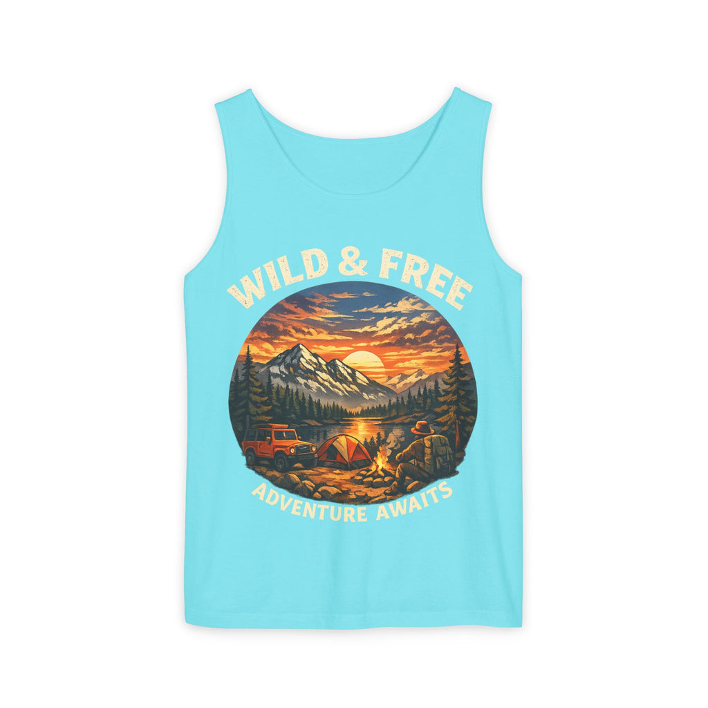 Tank Top — "Wild & Free" Sunset Mountain Camping Graphic
