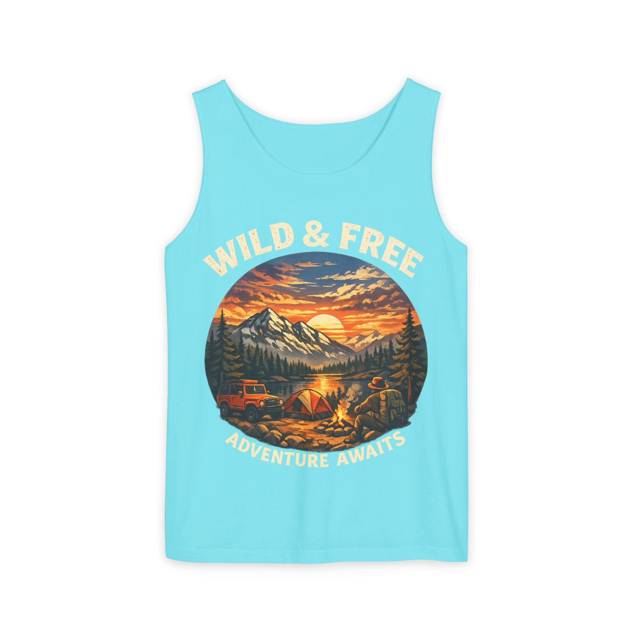 Tank Top — "Wild & Free" Sunset Mountain Camping Graphic