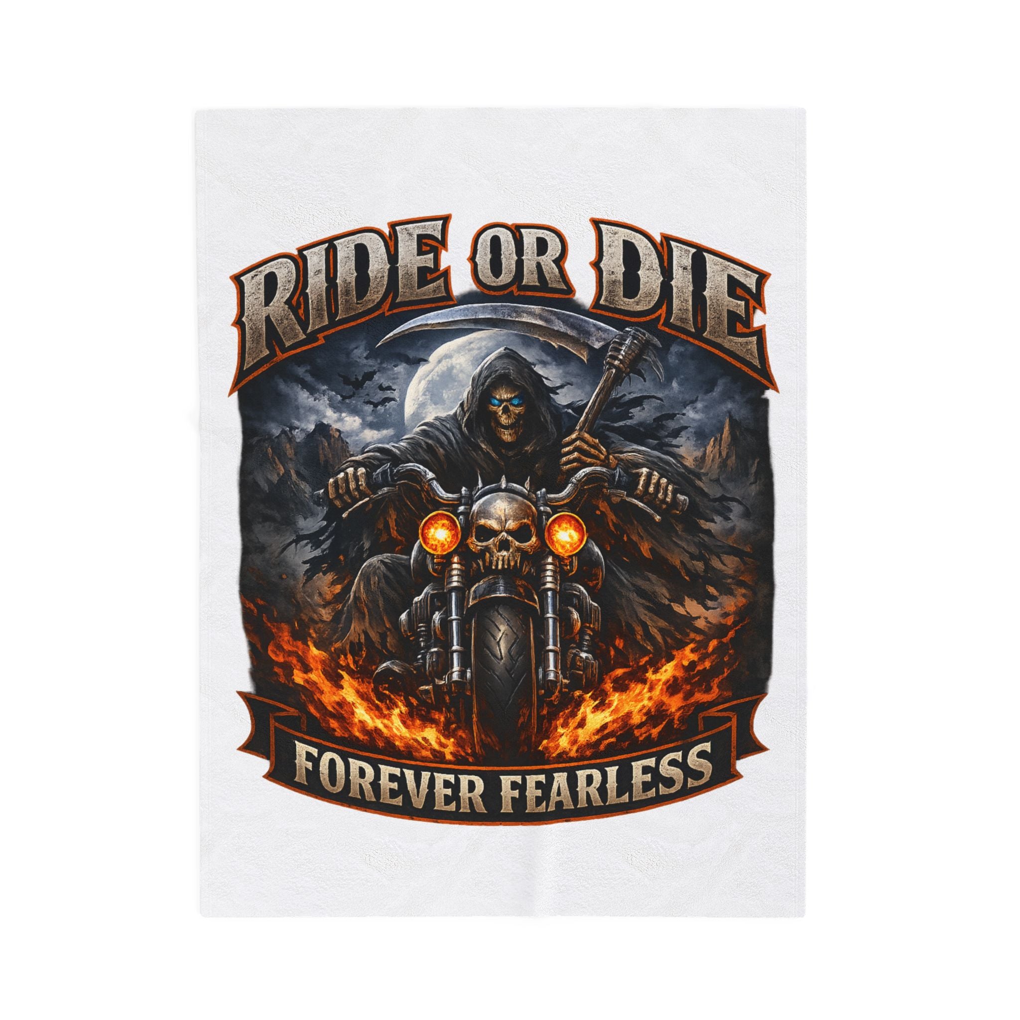 Ride or Die "Forever Fearless" Velveteen Plush Blanket — Biker Grim Reaper Motorcycle Throw