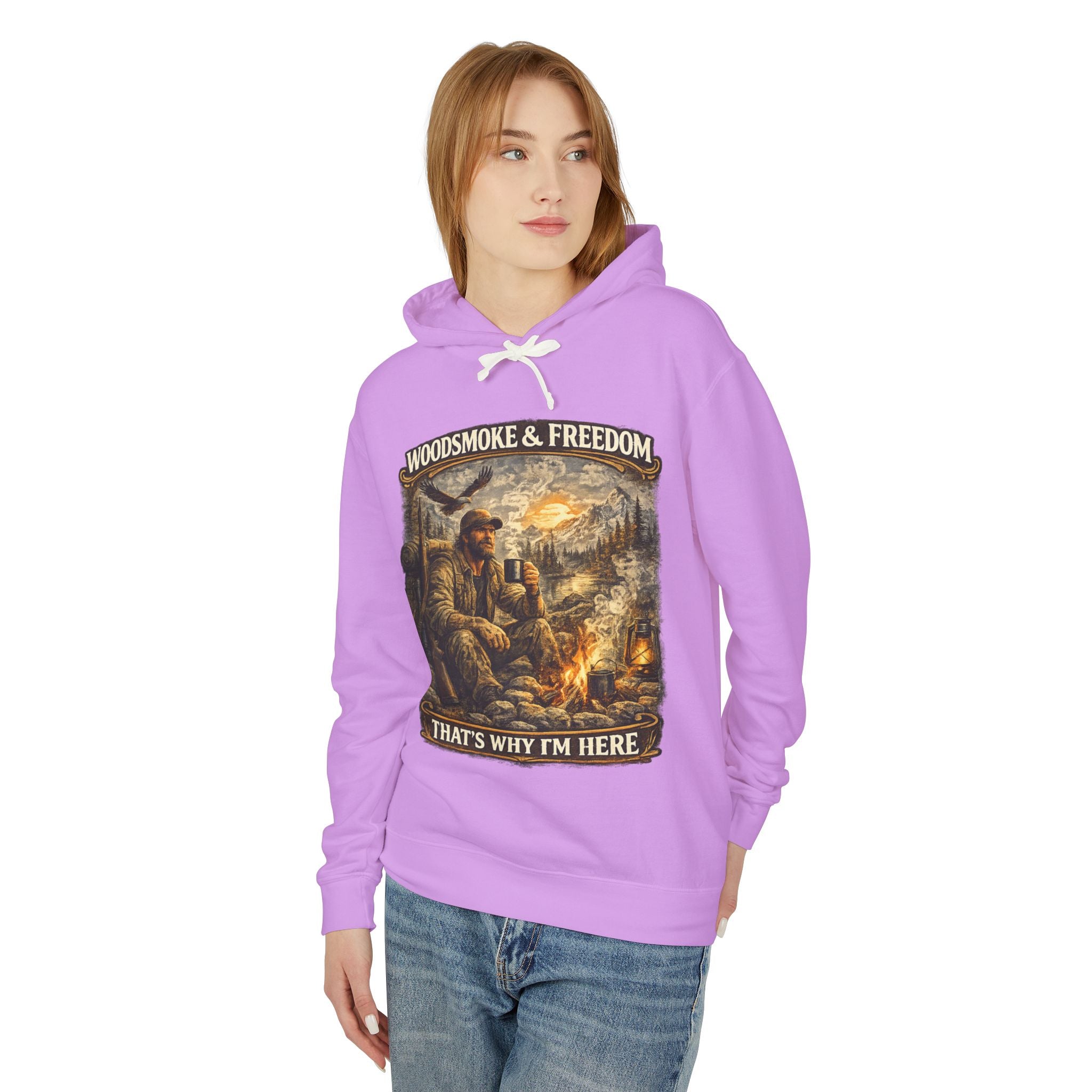 Woodsmoke & Freedom Hoodie — Campfire Hunting Graphic Hooded Sweatshirt