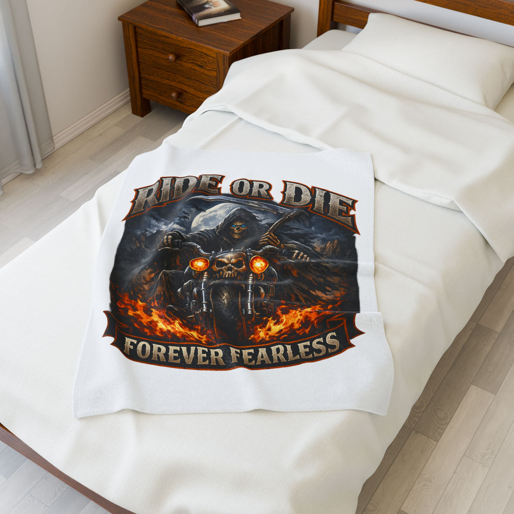 Ride or Die "Forever Fearless" Velveteen Plush Blanket — Biker Grim Reaper Motorcycle Throw