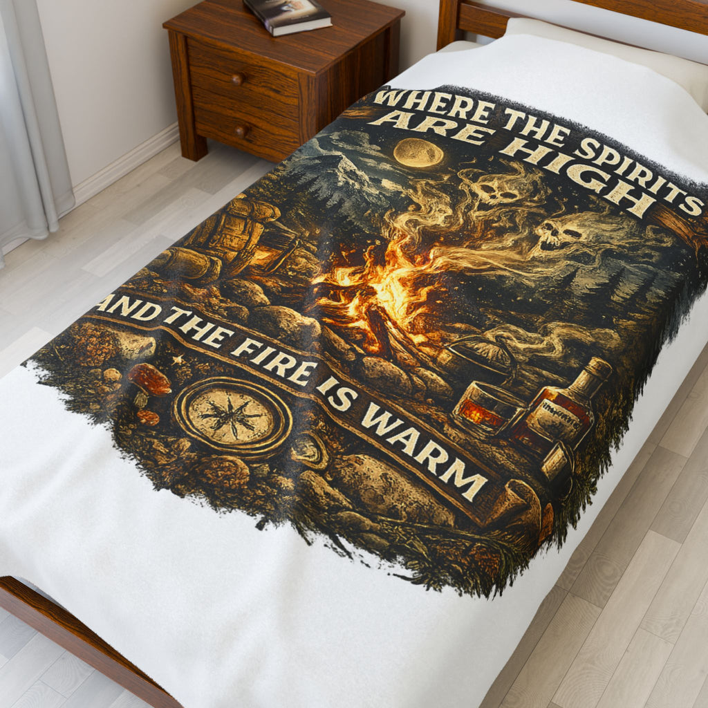 Velveteen Plush Blanket — "Where the Spirits Are High and the Fire Is Warm" Campfire Graphic Throw