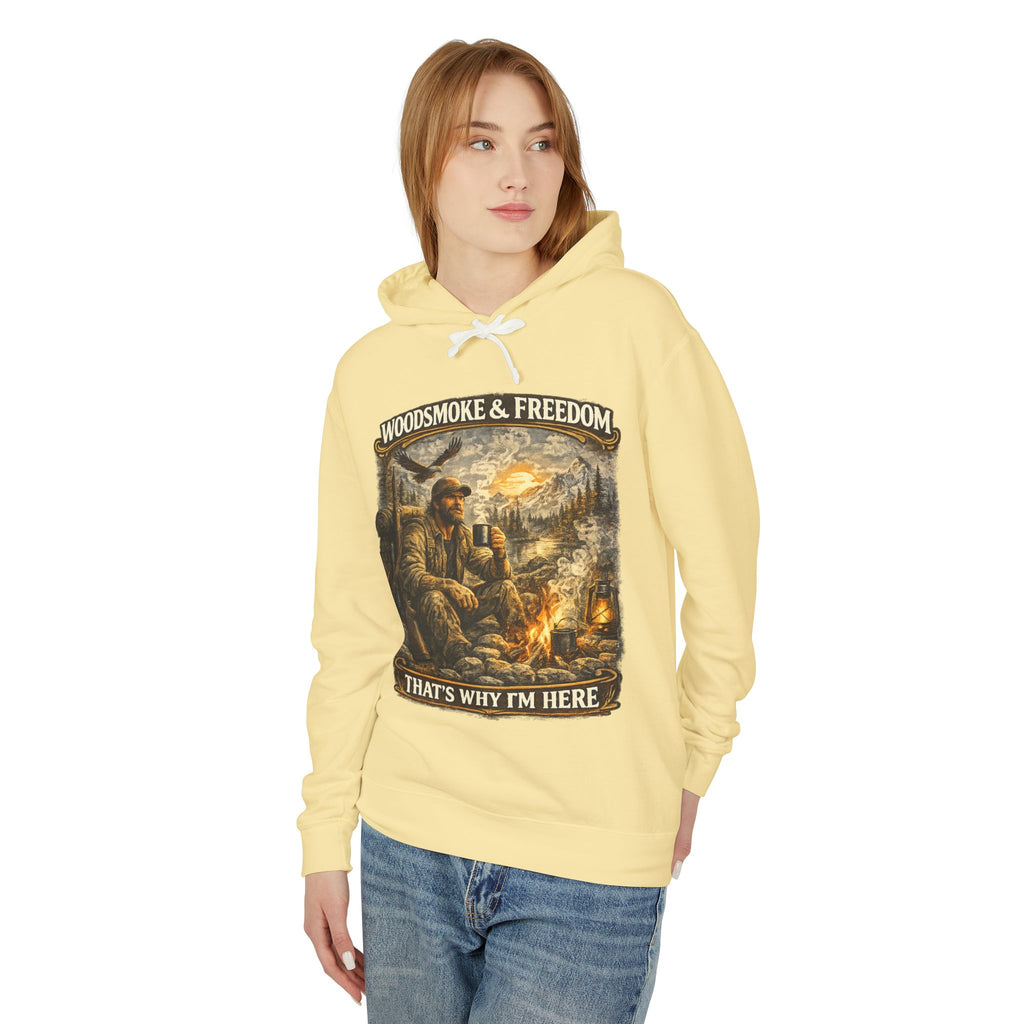 Woodsmoke & Freedom Hoodie — Campfire Hunting Graphic Hooded Sweatshirt