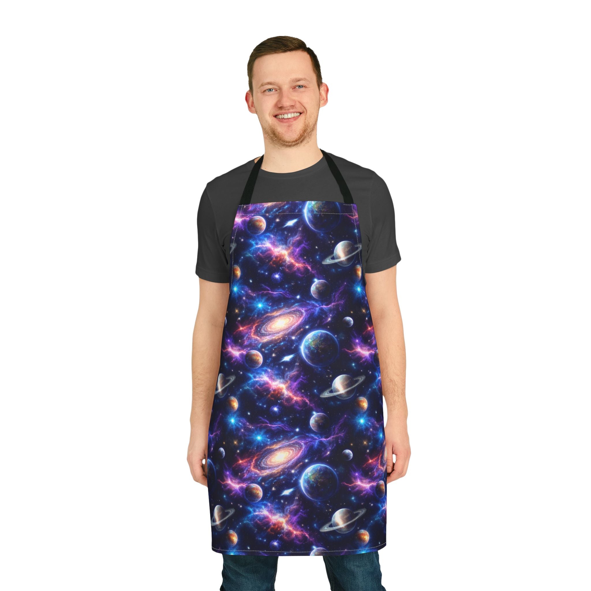 Galaxy Space Print Apron — Cosmic Planets & Nebula Kitchen Apron