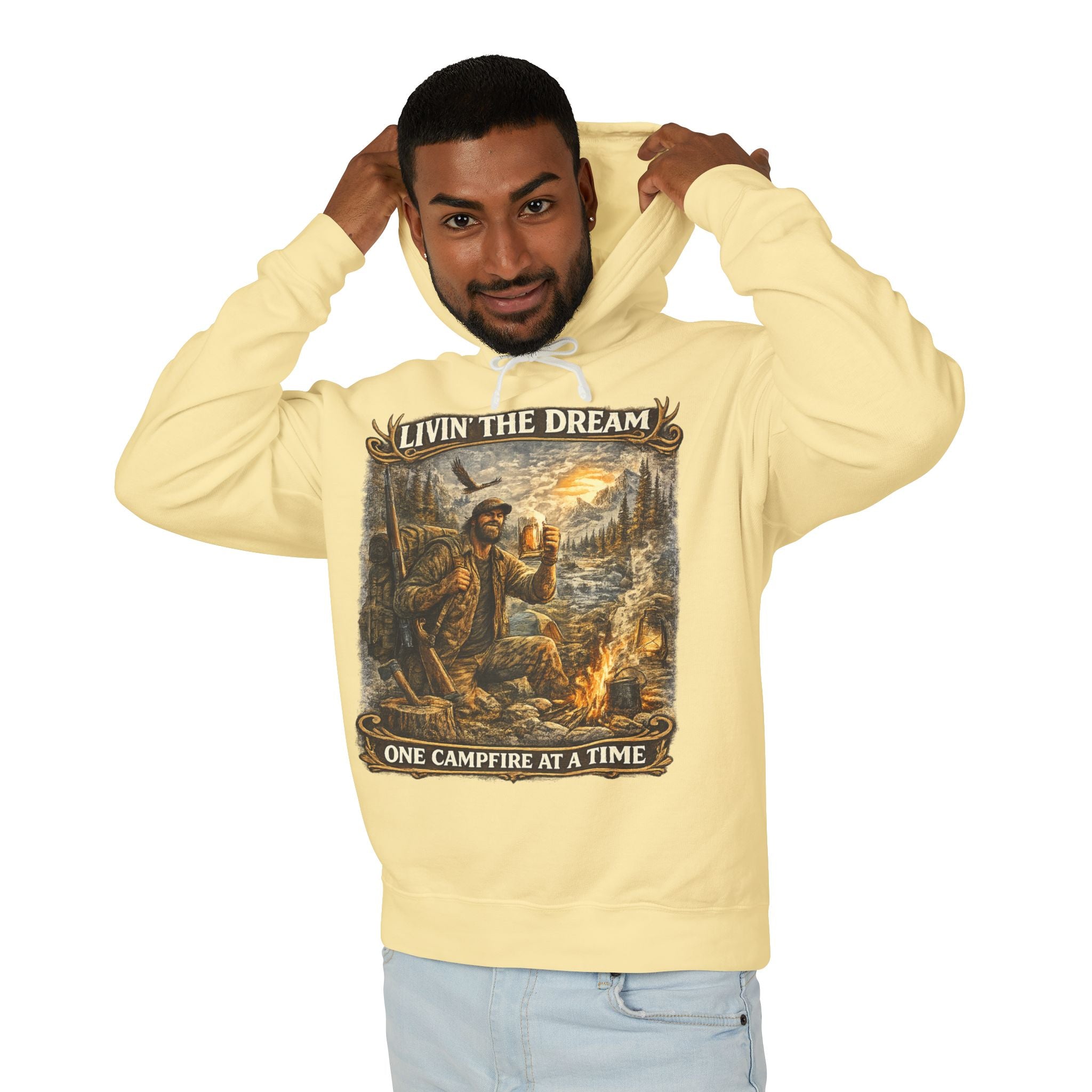 Livin' The Dream Campfire Hoodie — "One Campfire at a Time" Outdoor Pullover