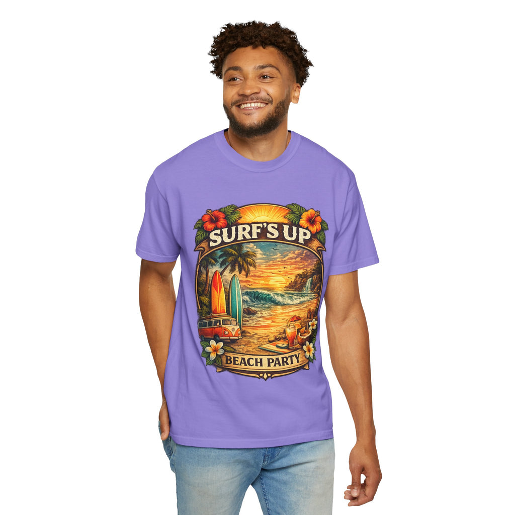 Surf's Up Beach Party T-Shirt — Vintage Sunset Surfboard Graphic