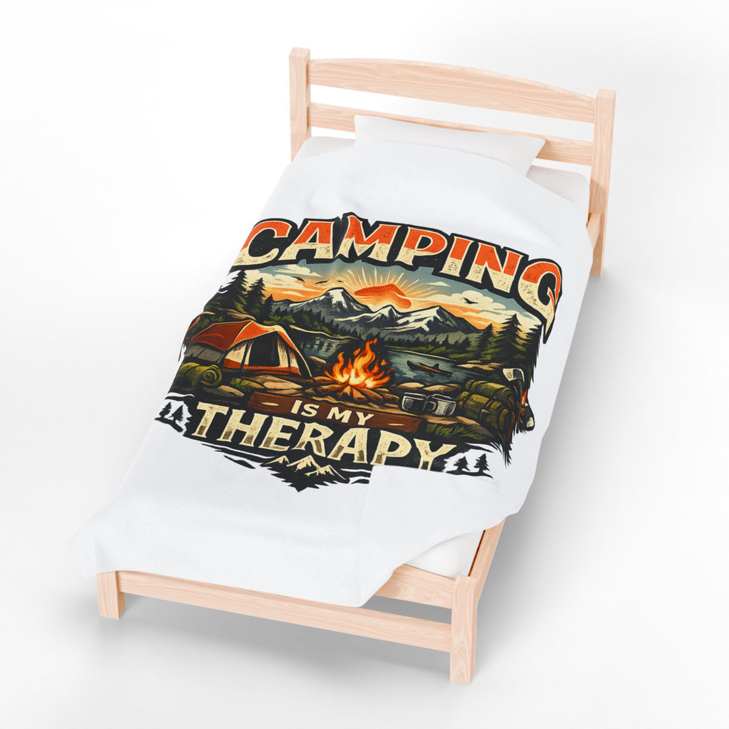 Velveteen Plush Blanket — "Camping Is My Therapy" Cozy Outdoor Camping Throw
