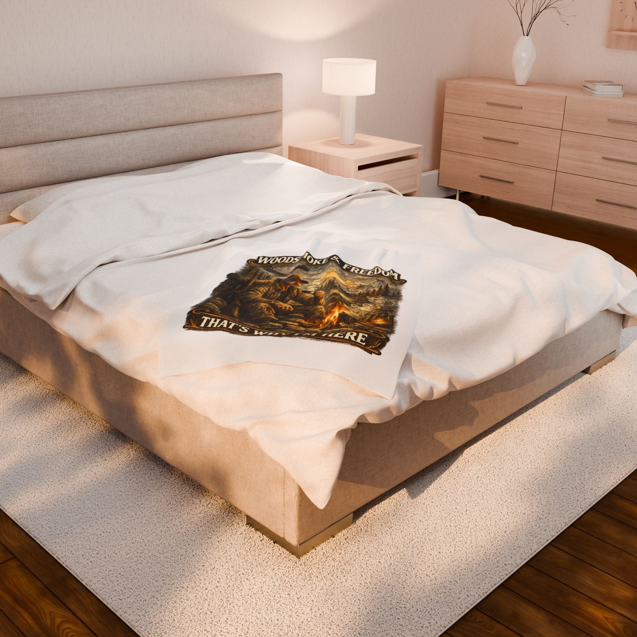 Velveteen Blanket — "Woodsmoke & Freedom, That's Why I'm Here" Campfire Outdoor Throw