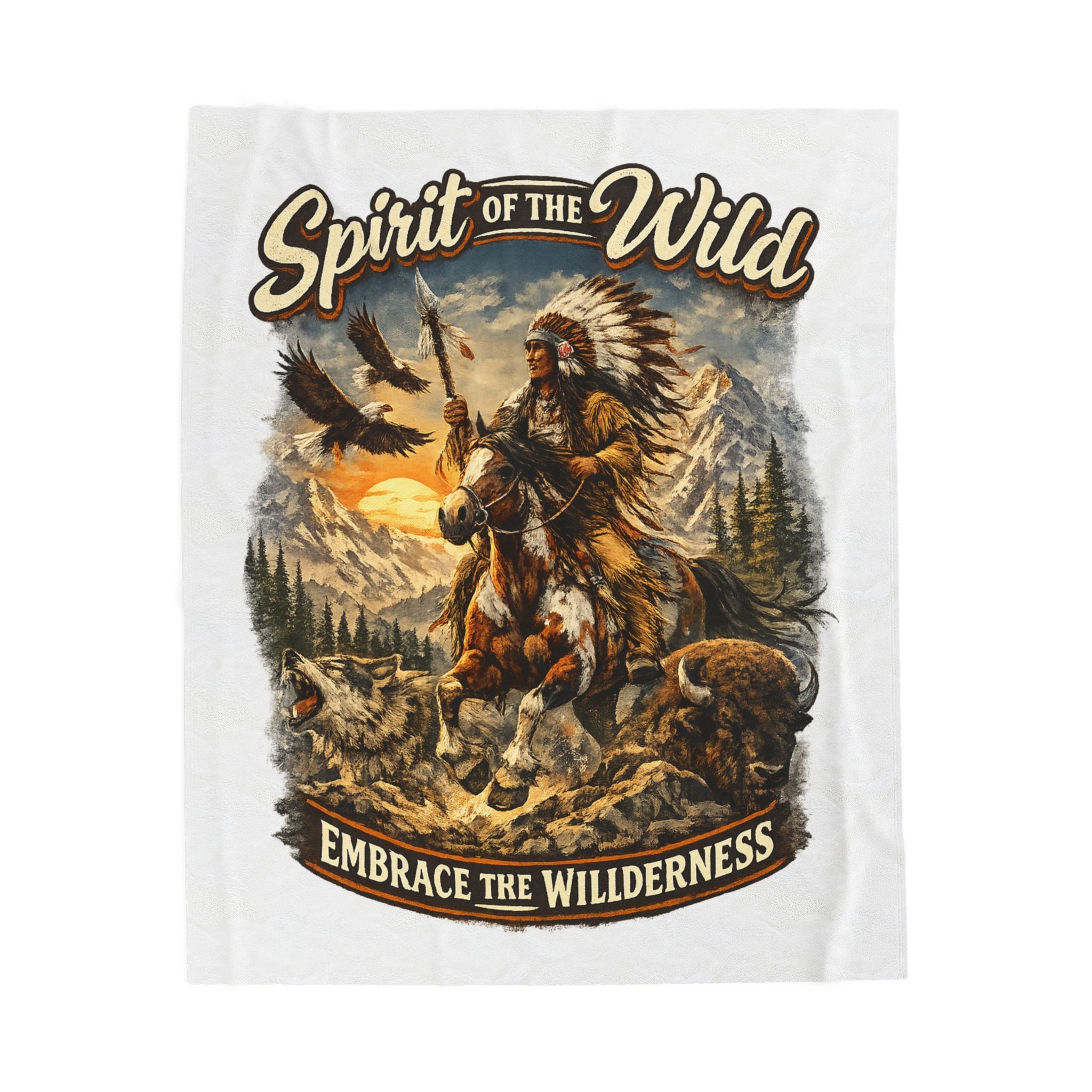 Spirit of the Wild Velveteen Plush Blanket — Embrace the Wilderness Native American Design