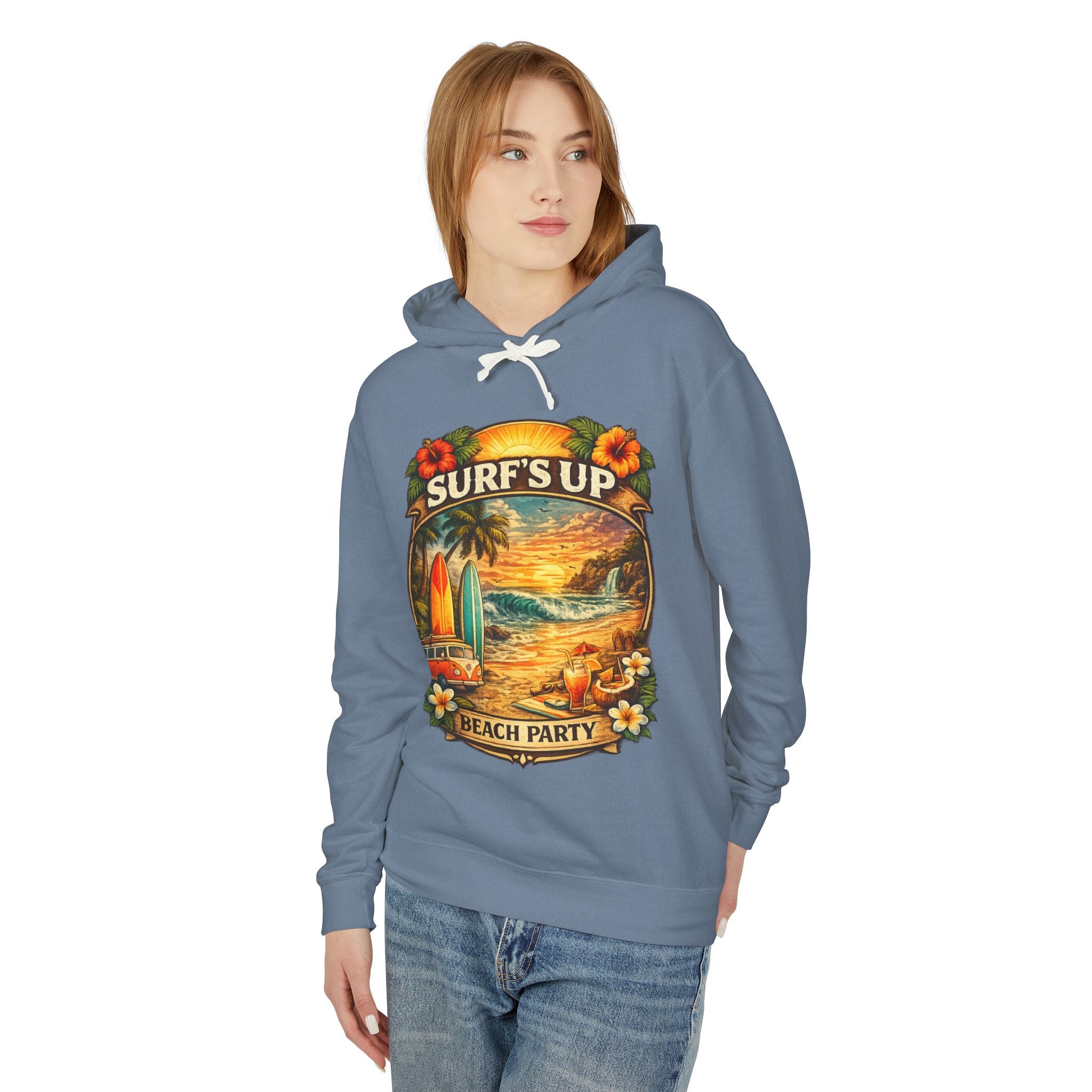 Surf's Up Beach Party Hoodie — Vintage Sunset Surfboard Pullover