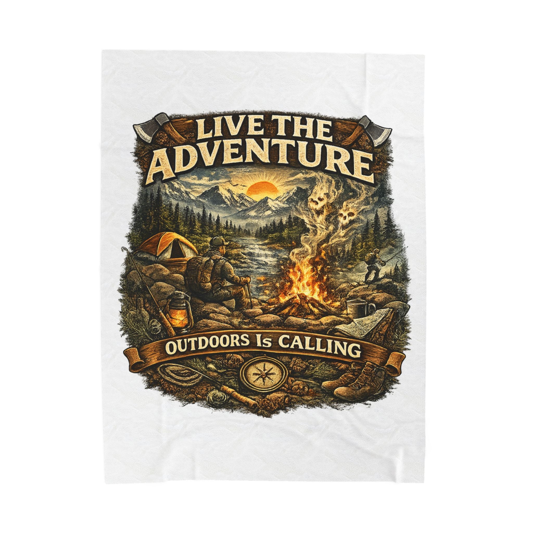 Live the Adventure Velveteen Plush Blanket — ‘Outdoors Is Calling’ Camping Throw